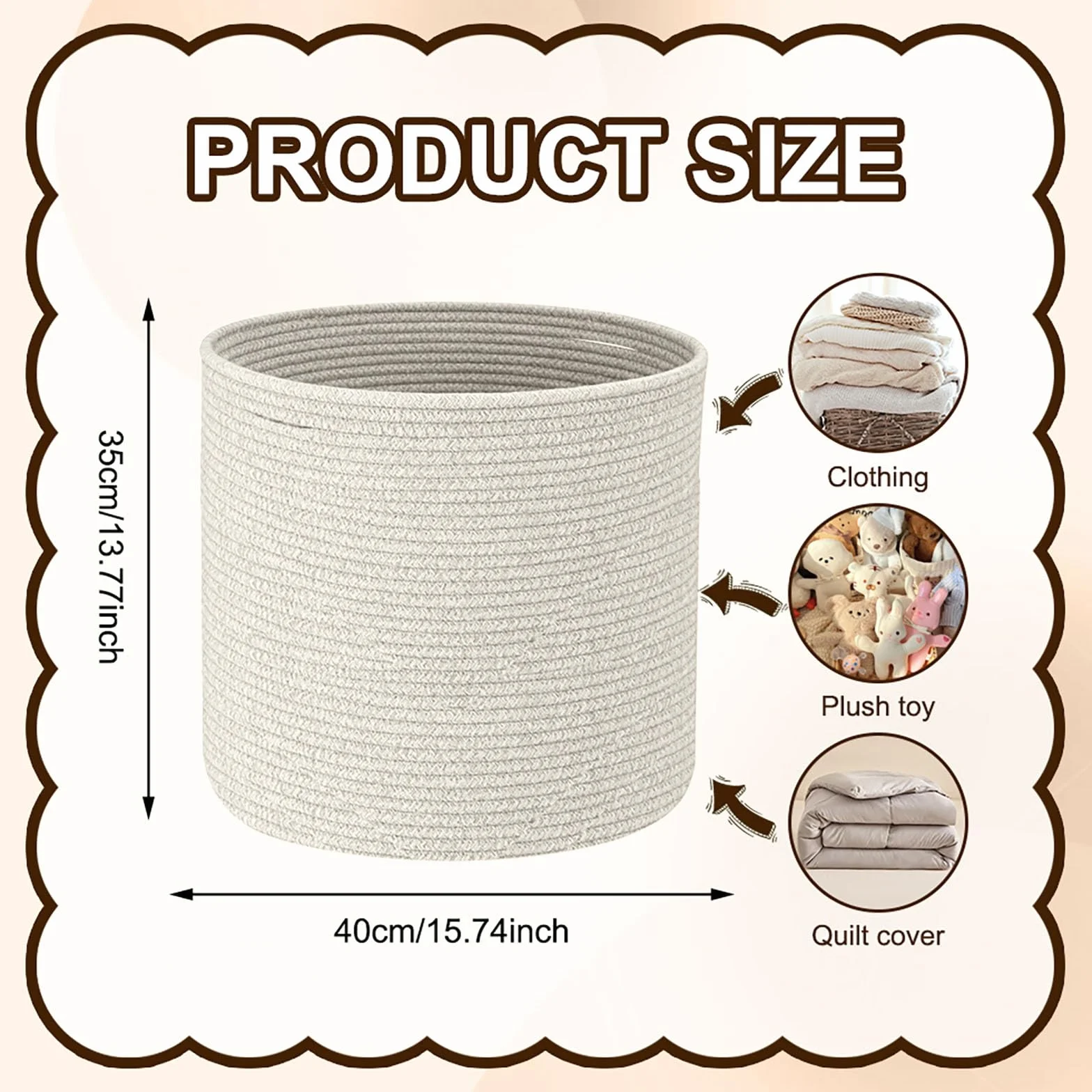 Cesto Portabiancheria in Corda di Cotone 40x35 cm con Manici, Organizzatore per Giocattoli, Abiti, Coperte (Beige)