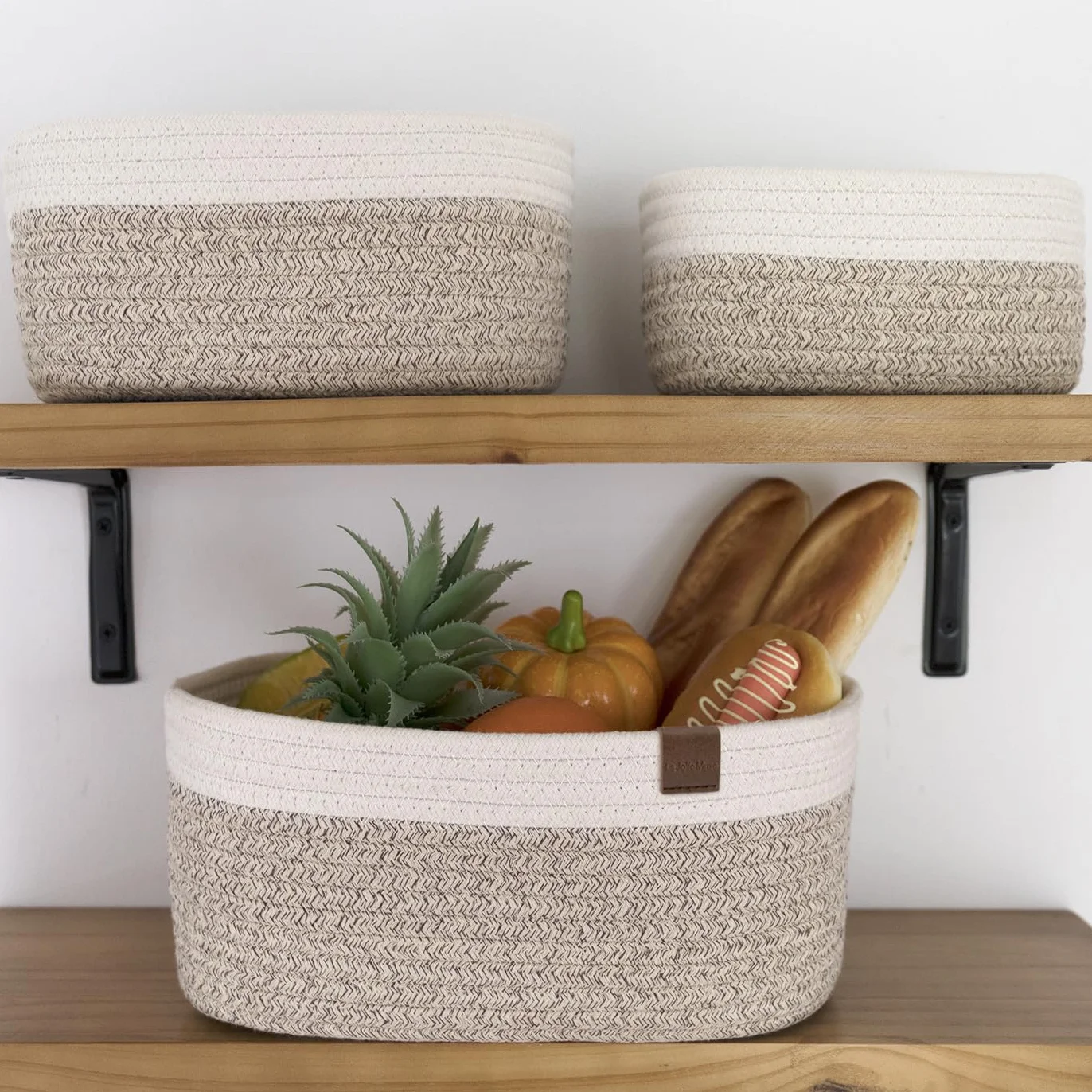 La Jolíe Muse Cesto in Corda di Cotone Cestini Portaoggetti con Manici Set di 3 Bianco Marrone