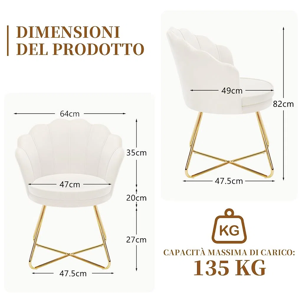 Hellove Sedia Trucco, Poltrona Conchiglia in Velluto con Placcato Oro Metallo Gambe, Moderno Poltrona Salotto con Seduta Morbida Imbottita per Camera da letto/Soggiorno/Vanità, Beige
