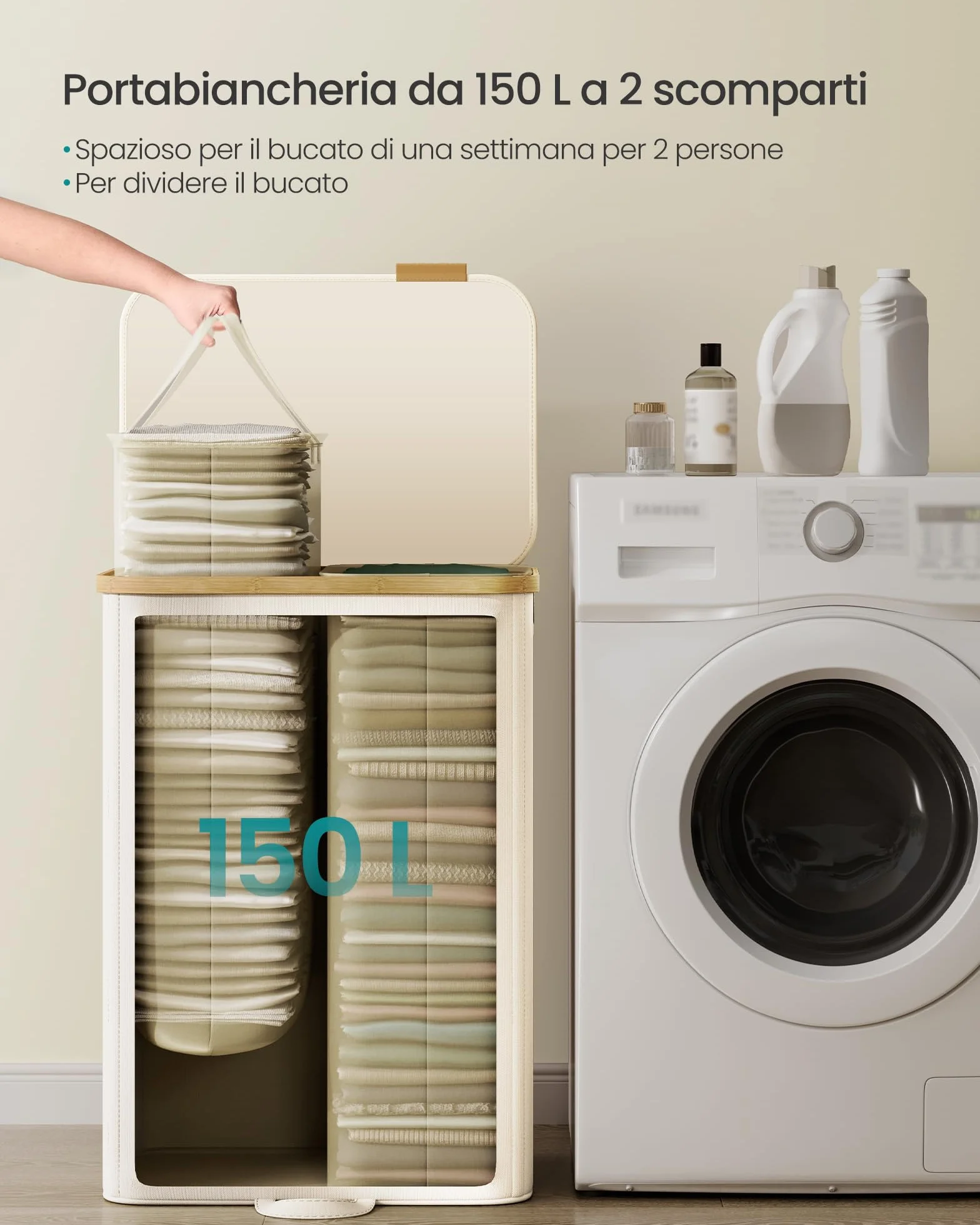 SONGMICS Cesto Portabiancheria con Coperchio, 2 Scomparti, 150 L, Bianco Crema LCB532WD01