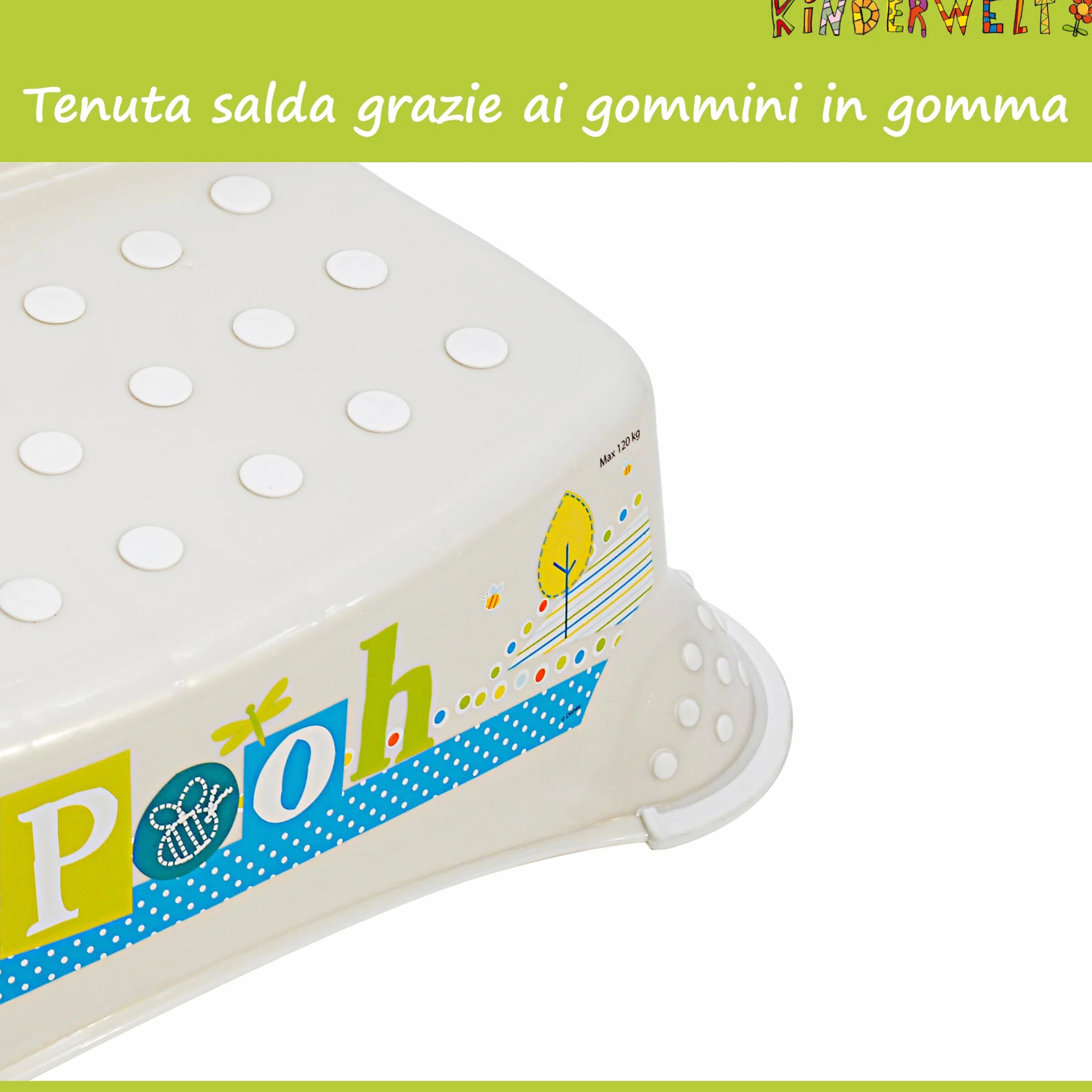 KINDERWELT bianco perla Premium sgabello a due gradini Disney Winnie the Pooh sgabello stabile per bambini con funzione antiscivolo bianco perla con grana unica piacevole effetto glitter individuale