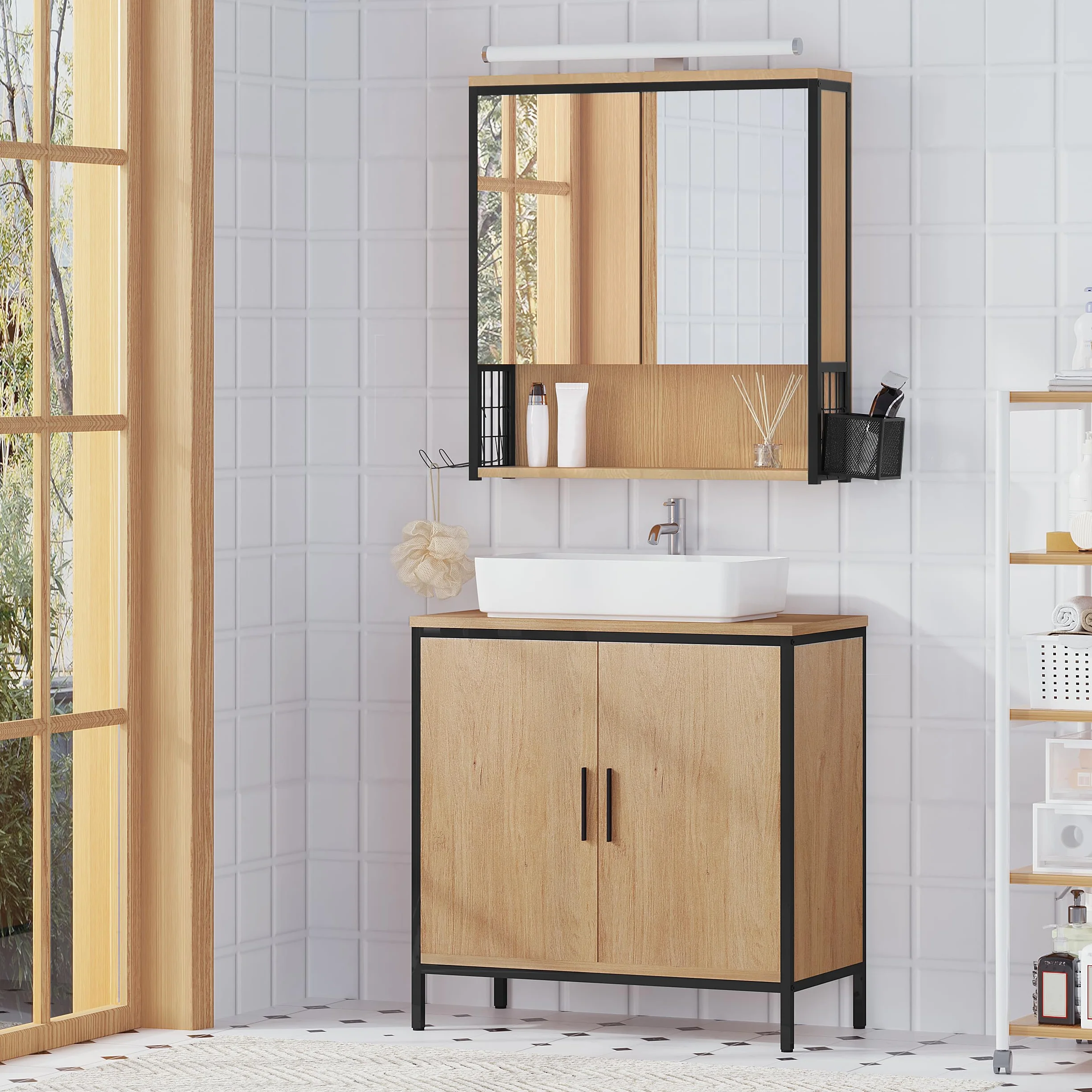 EUGAD Specchio da Bagno con Contenitore e Luci, Pensile da Bagno con 2 Ante, 1 Scomparto Aperto e 2 Vani Chiusi, Ripiano Interno Regolabile, Nero + Rovere, 56x14,5x60 cm
