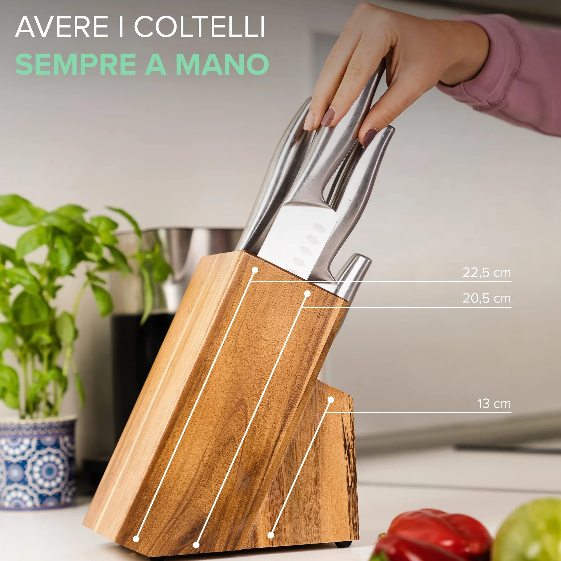 Coninx Ceppo Coltelli da Cucina in Legno Acacia - Porta Coltelli Cucina - Ceppo Coltelli Vuoto - Blocco Coltelli Universale senza Coltelli - 13 x 19.5 x 23 cm