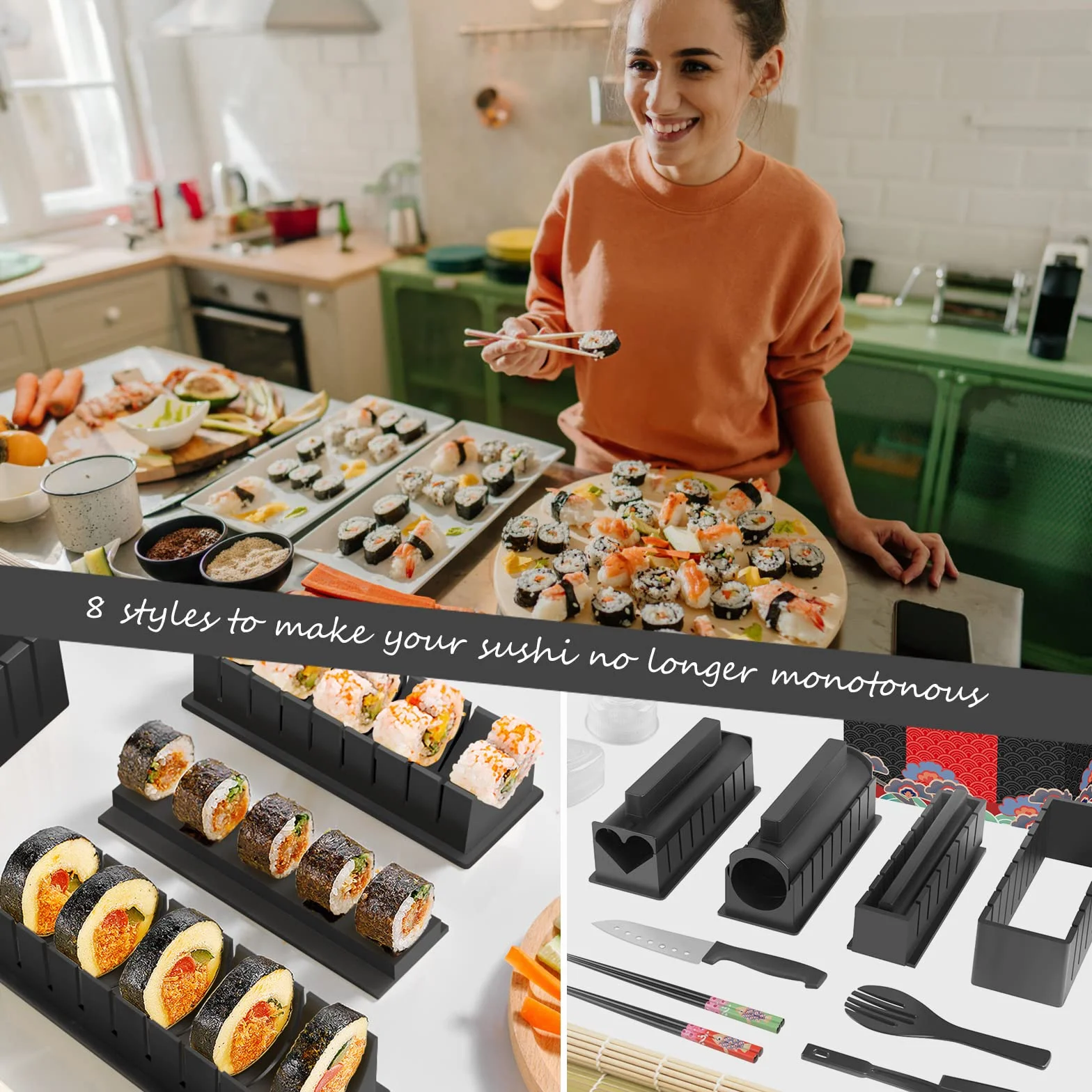 Kit sushi set 20 pezzi, adatto ai principianti da preparare da soli, con stampo per polpette di riso, coltello, tappetino per rotolare, bacchette, set completo Piatti da sushi (Nero)
