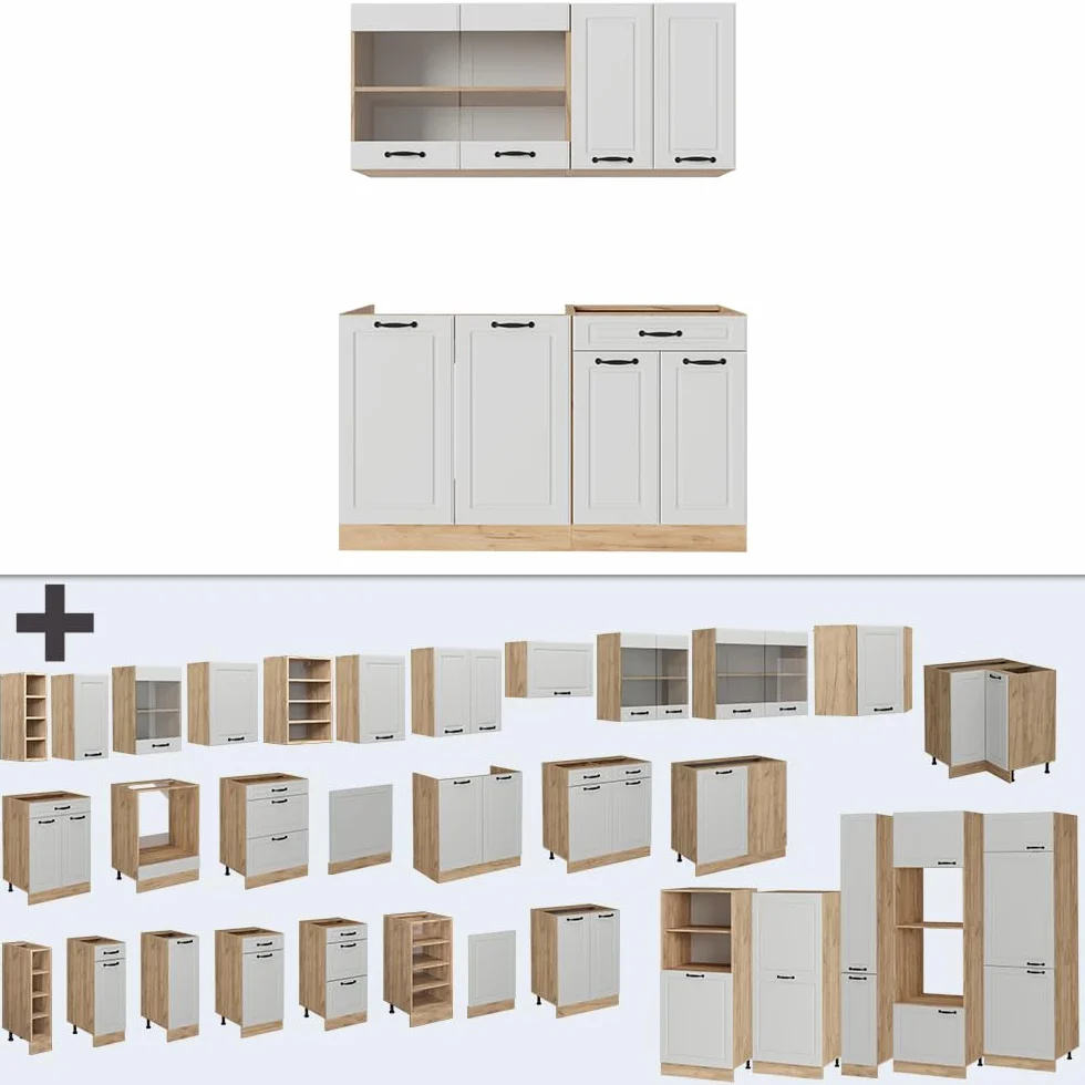 Vicco Cucina completa R-Line, Casa di campagna bianca/Rovere dorato, 140 cm senza piano di lavoro, adatto per installazione autoportante o vicino alla parete