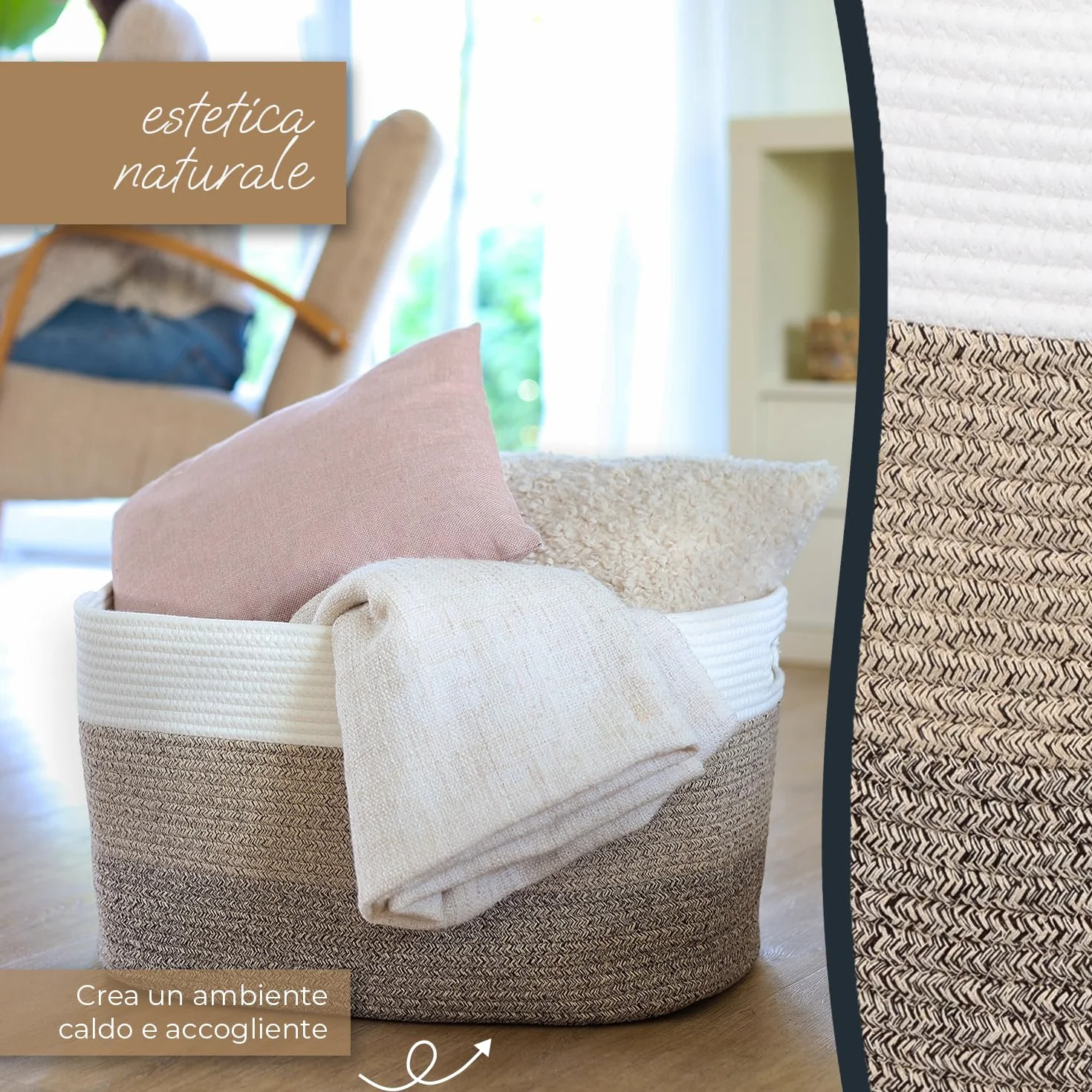 Cesto portabiancheria in cotone angolare con manici 55 x 43 x 30 cm Bianco-Marrone