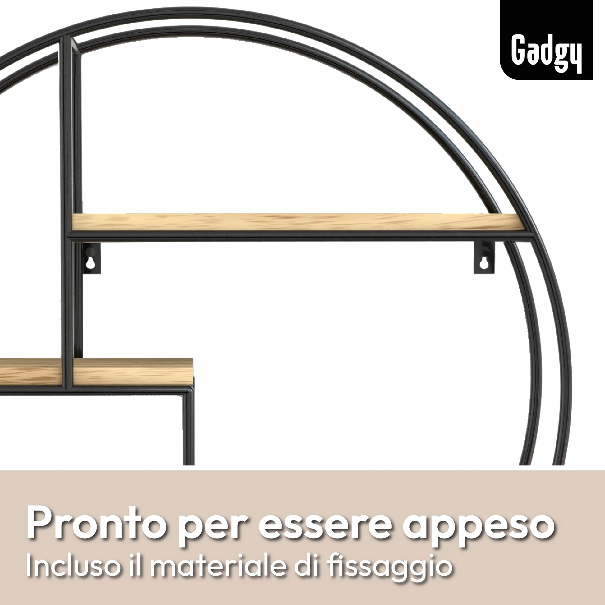 Mensola Rotonda da Parete con 4 Ripiani Gadgy in Legno e Metallo, Stile Industriale, 42 x 10 cm