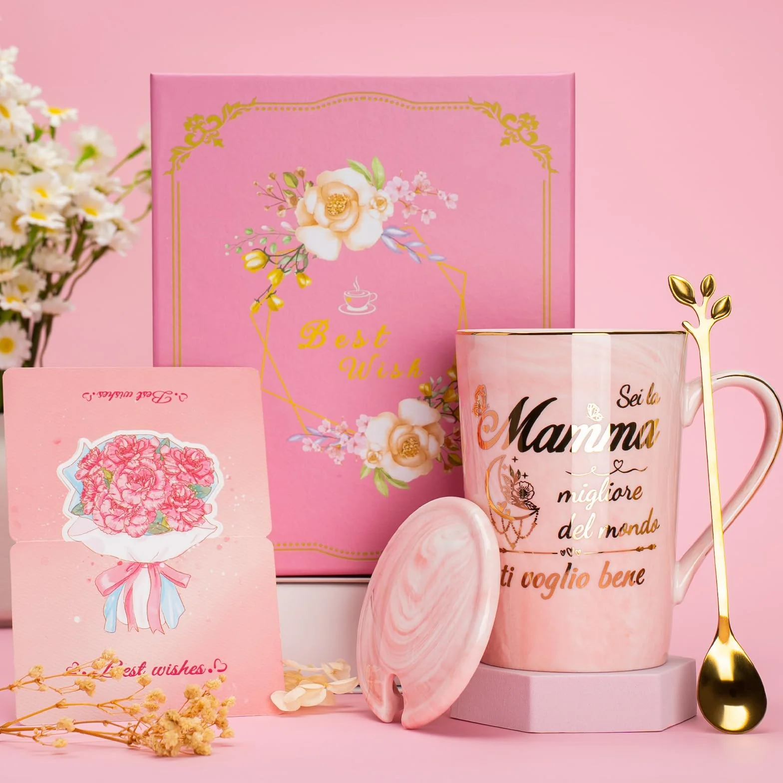 Tazza 400ml Ceramica Marmorizzata Rosa Regalo Mamma Compleanno Natale con Coperchio e Cucchiaio