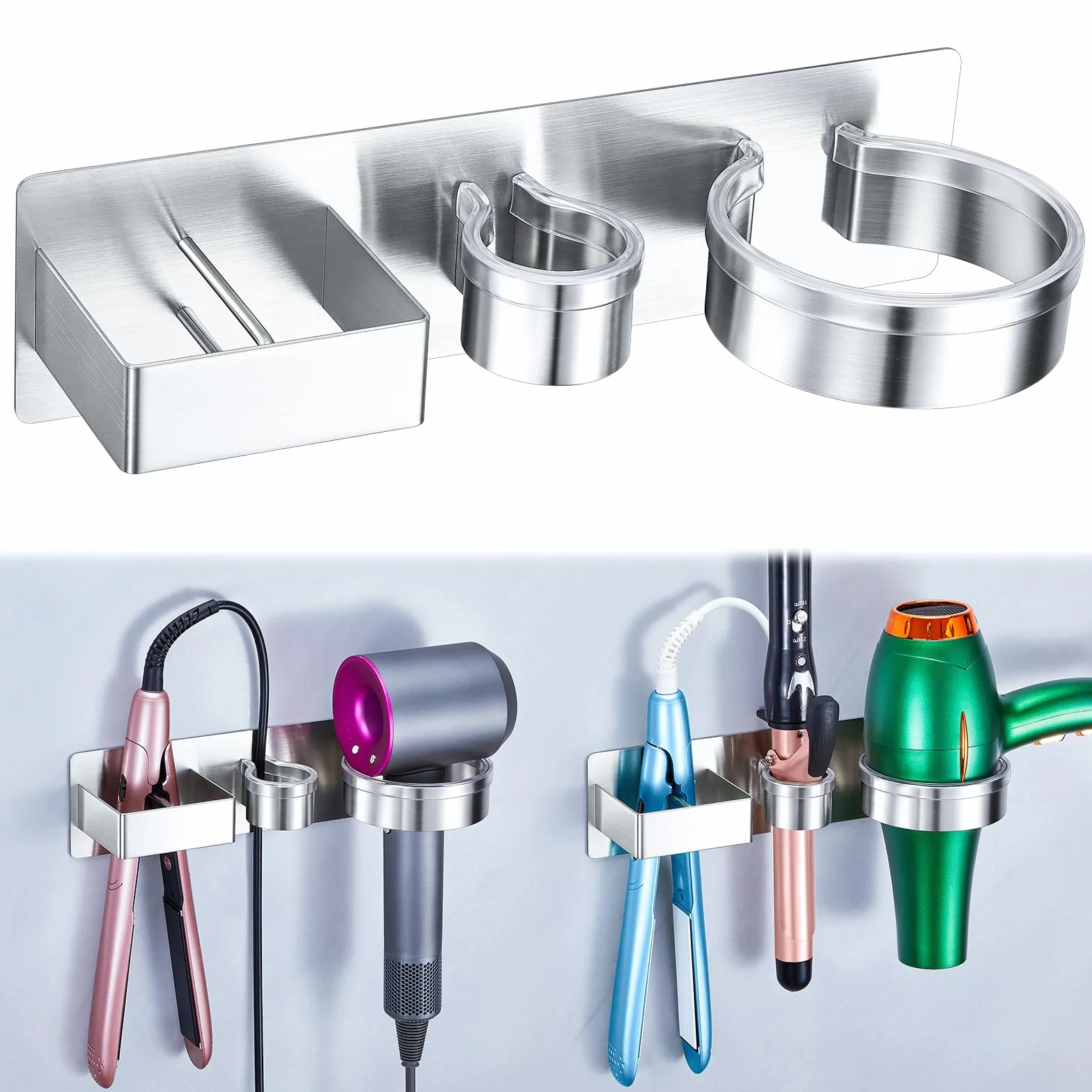 Porta Phone Bagno Da Muro, 3 in 1 Supporto per Phon, Piastra e Ferro Arricciacapelli, Porta Asciugacapelli, porta phon e Piastra Adesivo, Supporto Phon per Camere da Letto