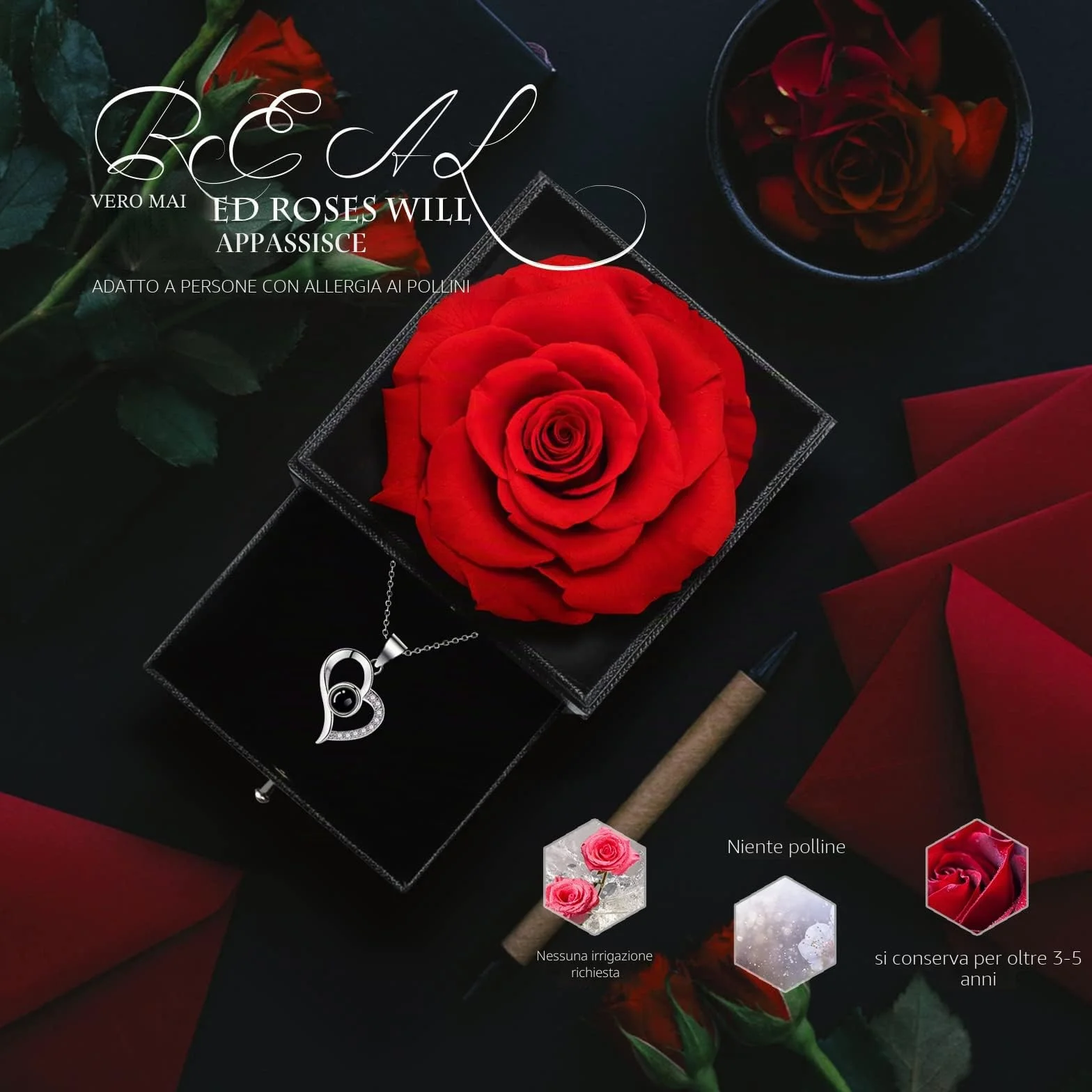 GOICC Rosa Eterna Collana Regalo per Lei I Love You Festa della Mamma San Valentino Compleanno Anniversario (Rosso)