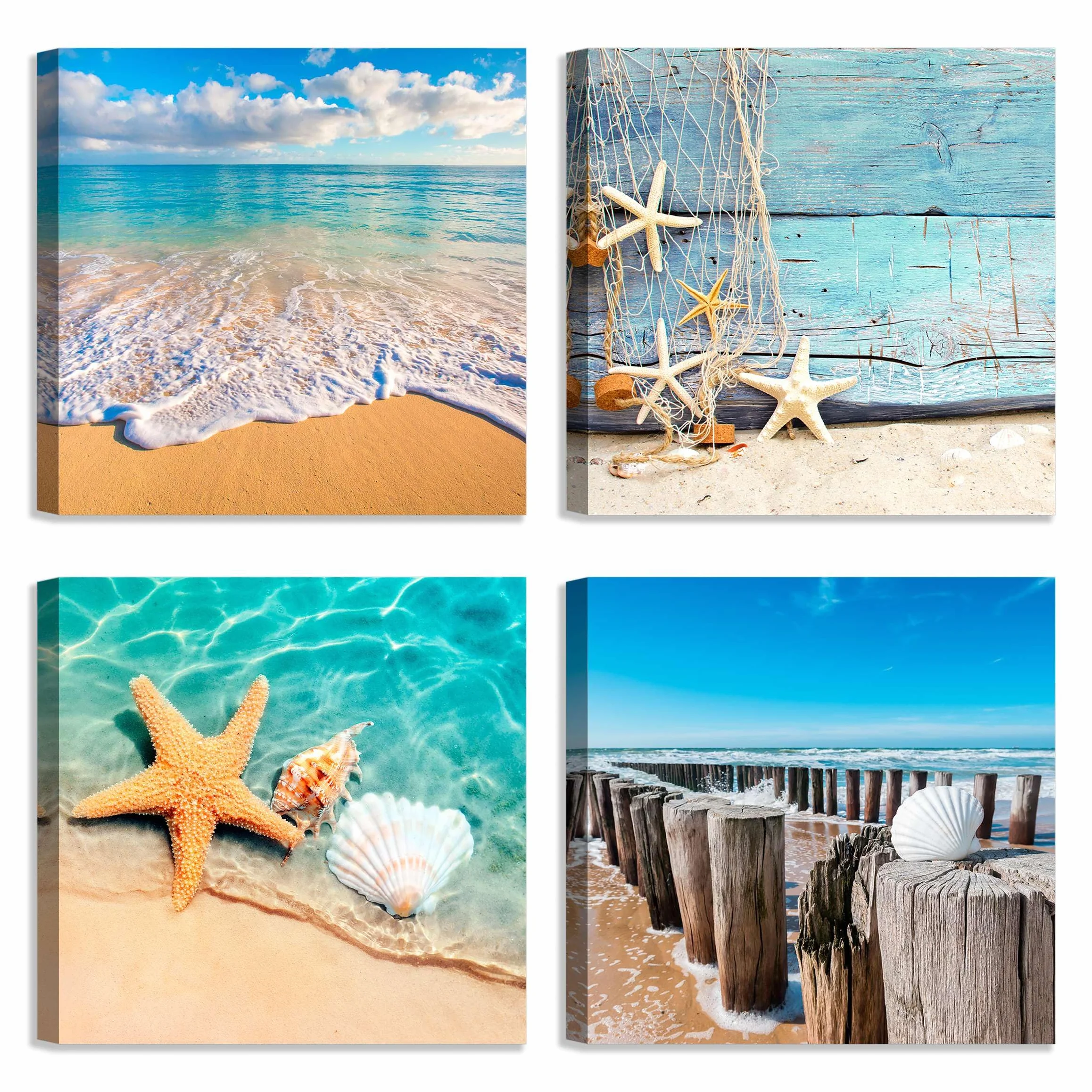 LuxHomeDecor Set di 4 Quadri 30x30 cm - Stampa su Tela con Telaio in Legno - Mare e Spiaggia con Conchiglie, Stelle Marine e Paesaggi Marini Rilassanti