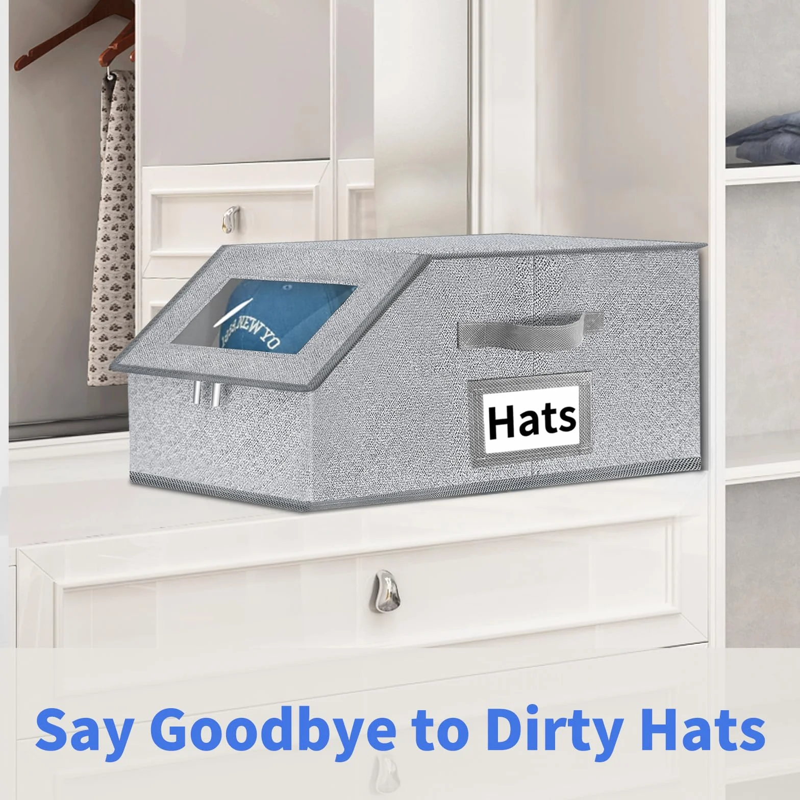 Organizer per cappelli da baseball, 2 pezzi, impilabili, con coperchio trasparente, cassetto e accesso flip-top, scatola per cappelli salvaspazio per armadio, tessuto traspirante, beige