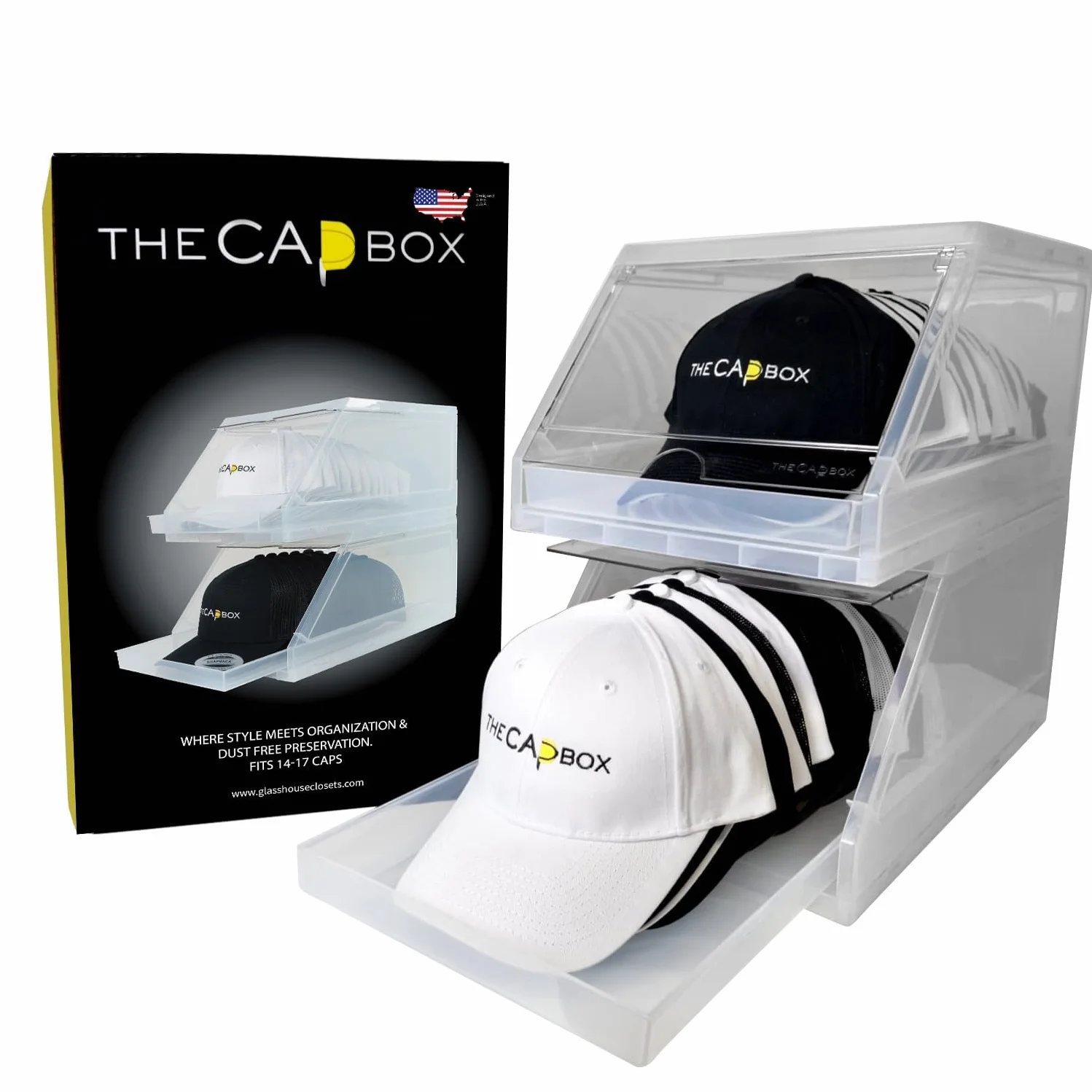 The CapBox 2.0 Organizzatore per Cappello da Baseball Vassoio Scorrevole Impilabile Confezione da 2 Trasparente