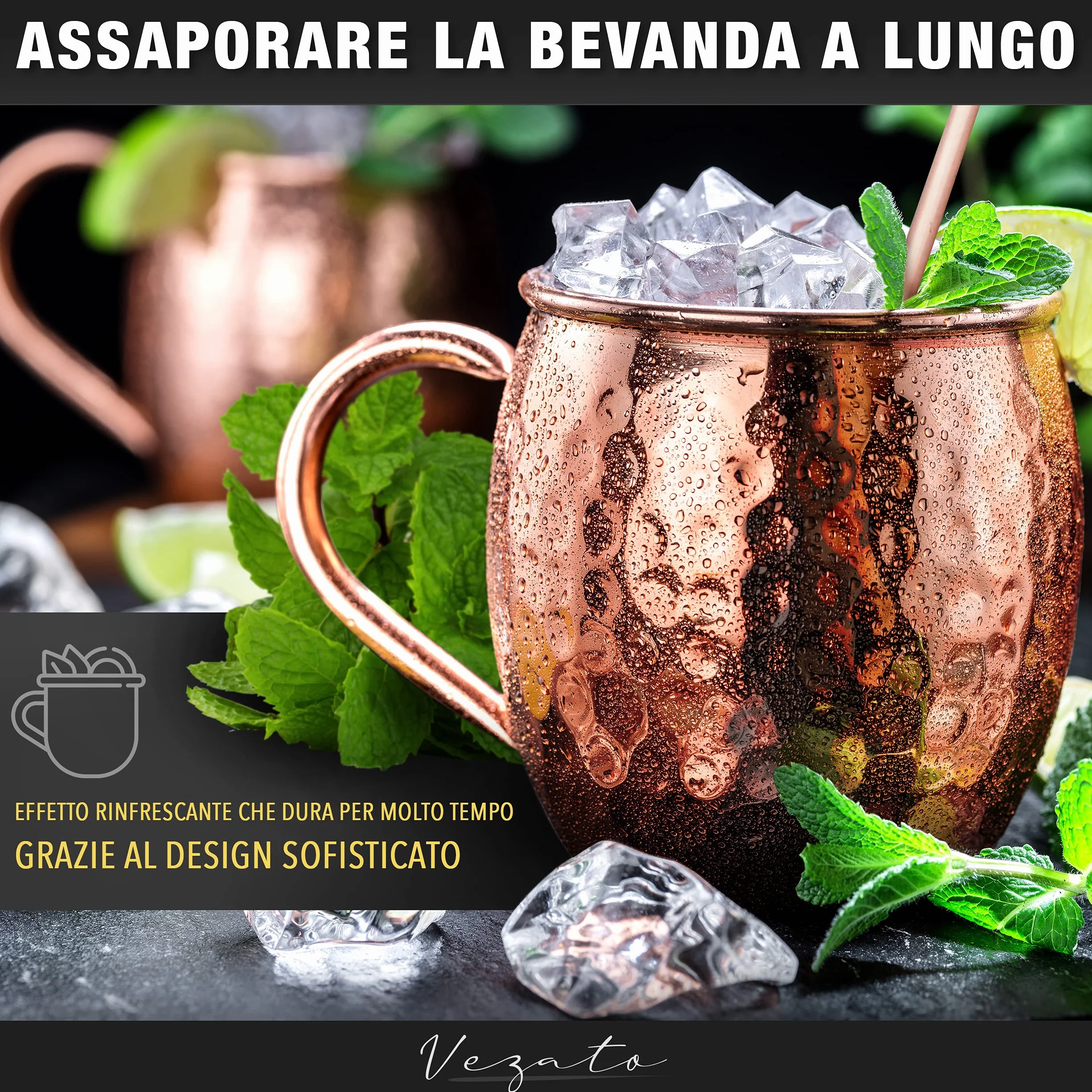Vezato Moscow-Mule Tazza Rame Martellato Set 4 Pezzi Antiruggine
