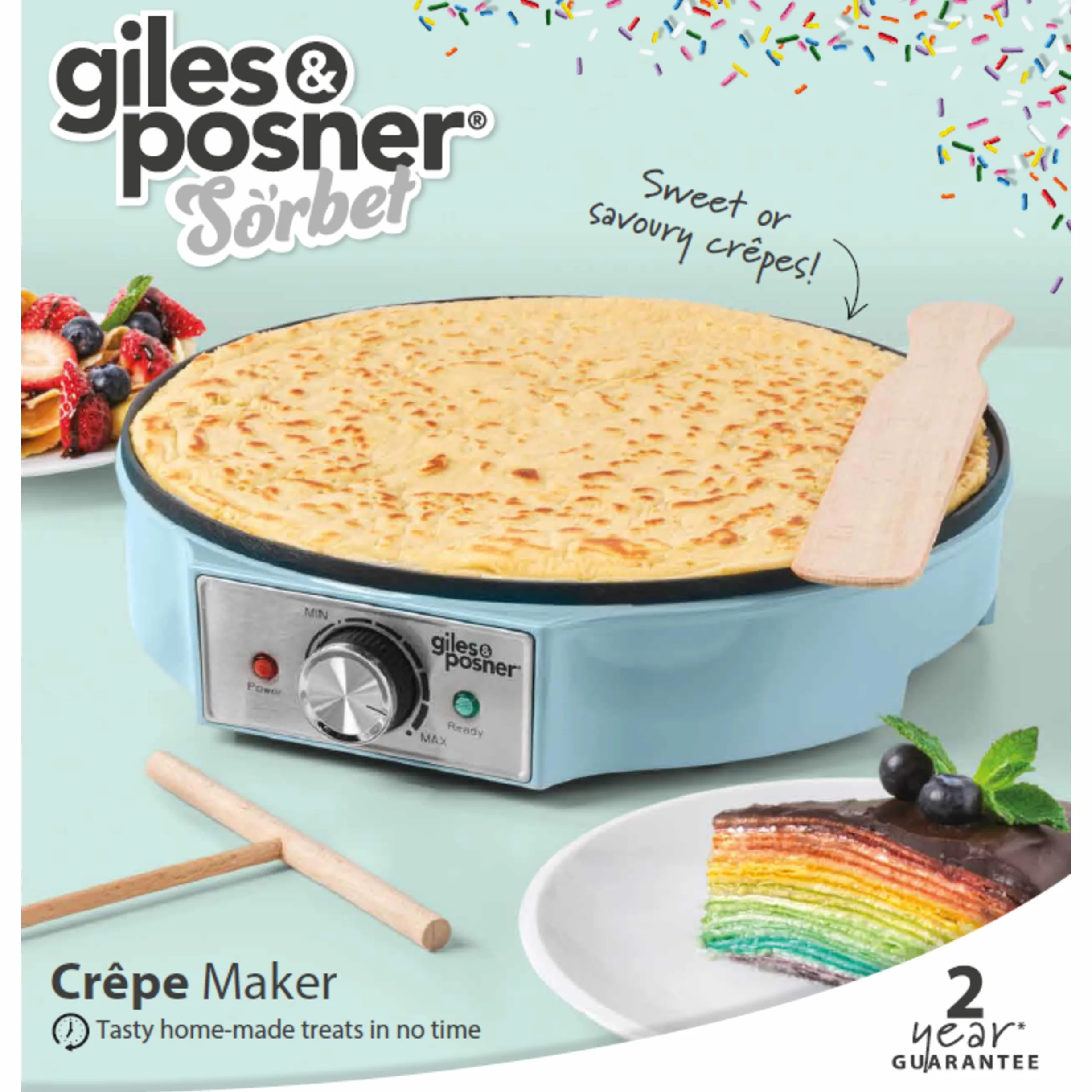 Giles & Posner Crepe Maker Piastra Elettrica Antiaderente 30 cm 1000W Temperatura Regolabile Blu