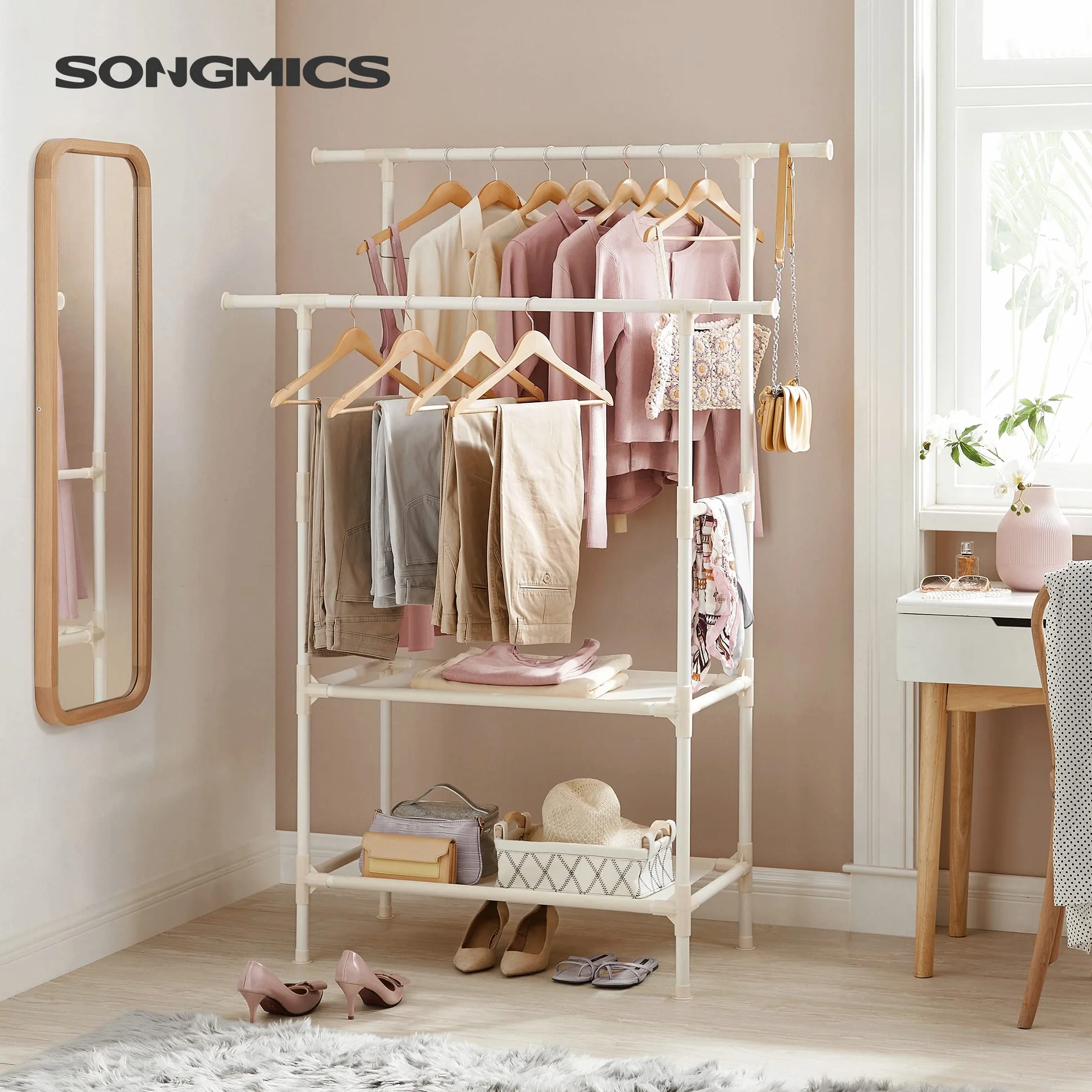 SONGMICS Stand Appendiabiti, Appendiabiti da Terra in Metallo con 2 Barre, 2 Ripiani Portaoggetti, Max Portata 70 kg, Montaggio Facile, Bianco RDR02WT