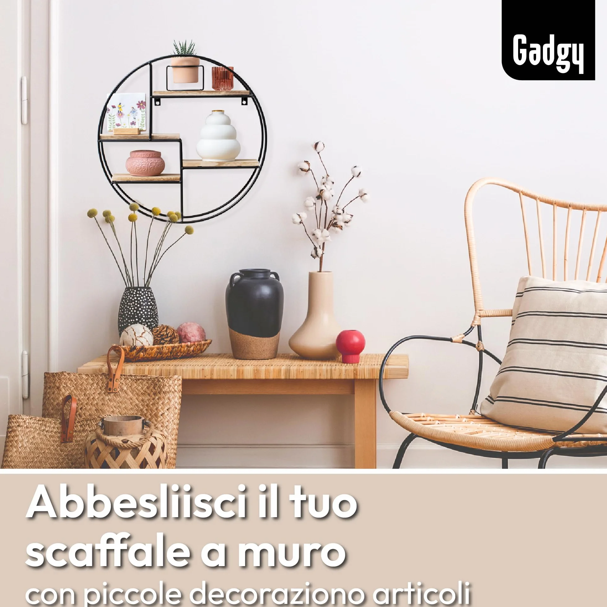 Mensola Rotonda da Parete con 4 Ripiani Gadgy in Legno e Metallo, Stile Industriale, 42 x 10 cm