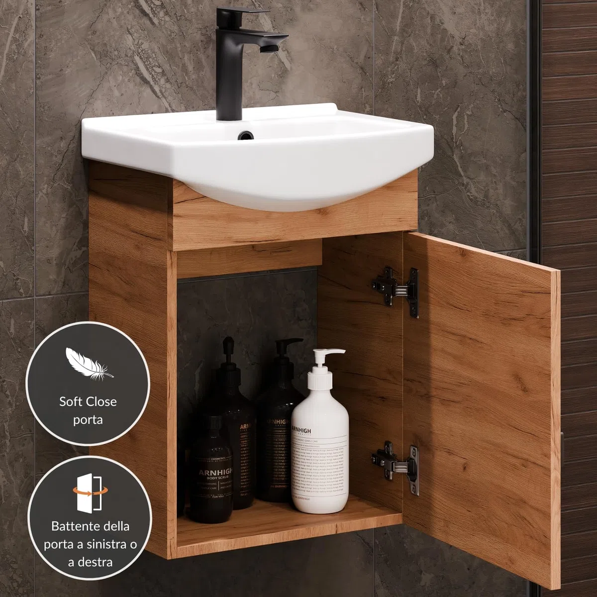Planetmöbel Set di mobili da bagno lavabo con mobiletto 45 x 60 x 33 cm, specchio con illuminazione 50 x 90 cm per WC ospiti, rovere oro