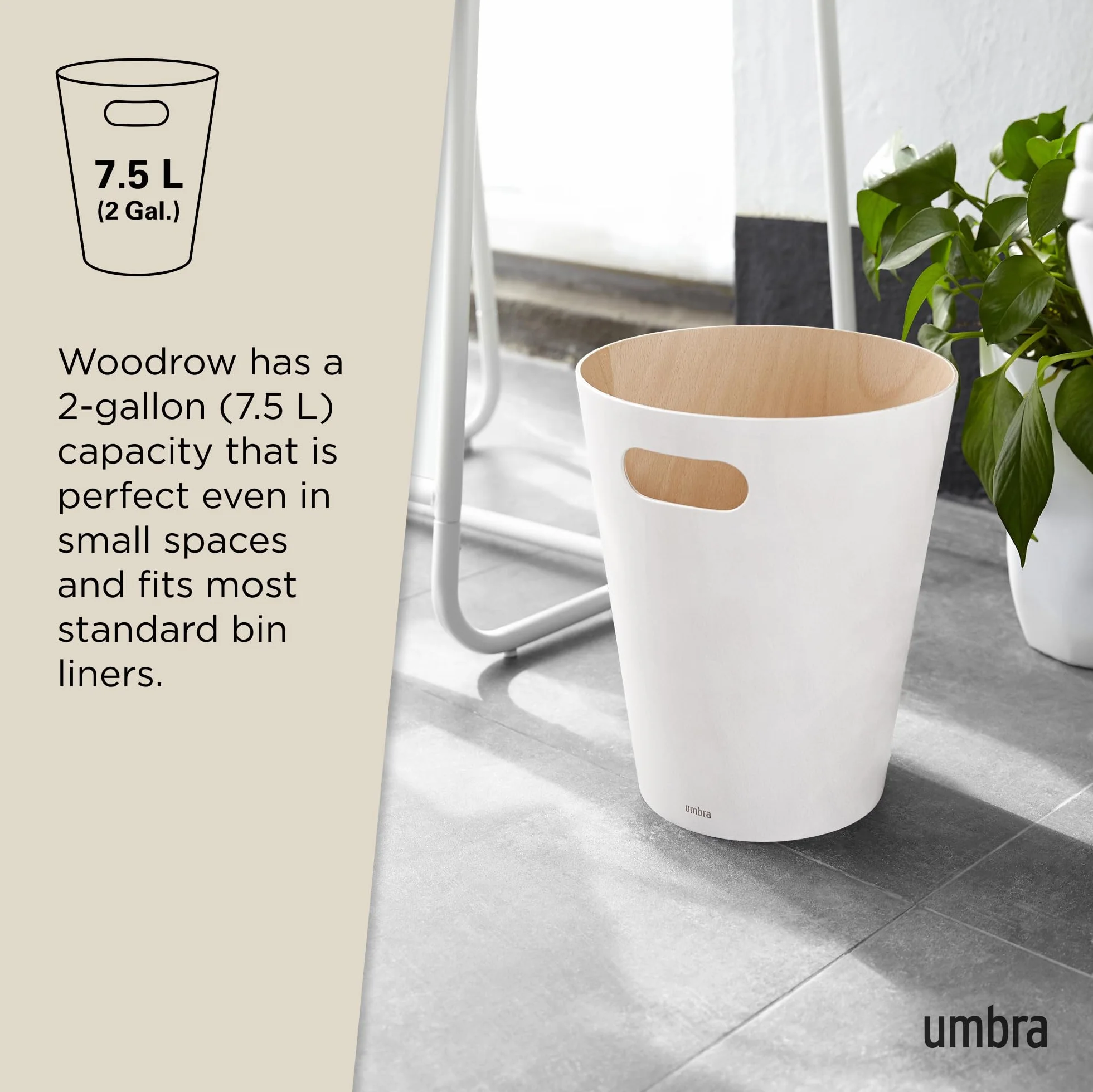 Umbra Woodrow Cestino della spazzatura 7,5 L Faggio Europeo Bianco/naturale