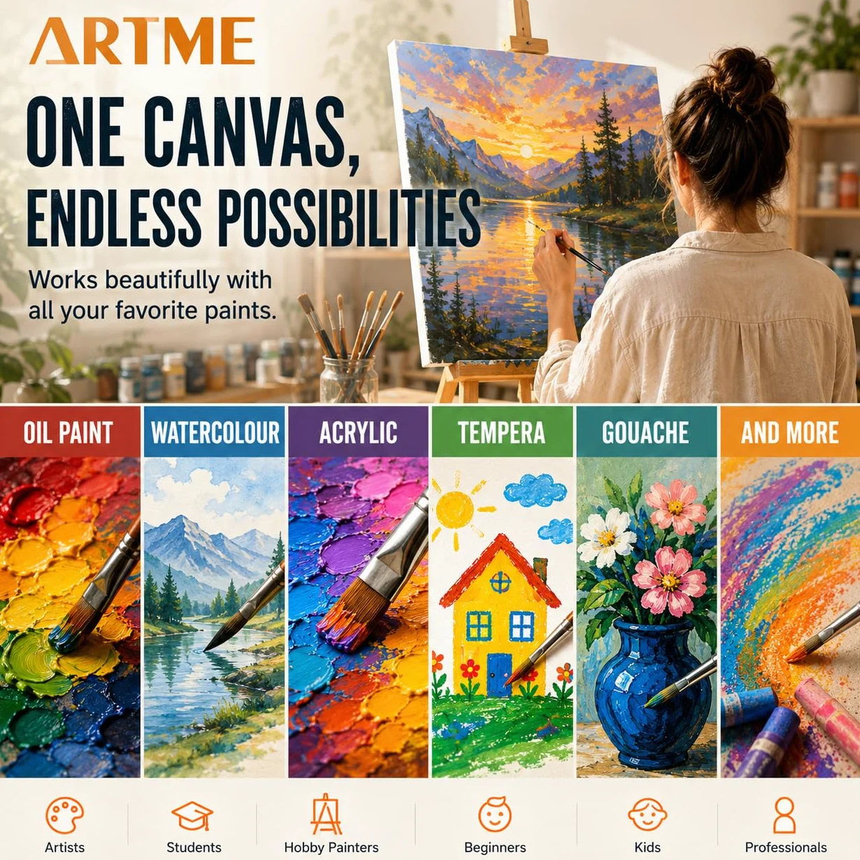 Artme Tela intelaiate 8 pezzi 280GSM 100% cotone bianco grana media per acrilico/olio