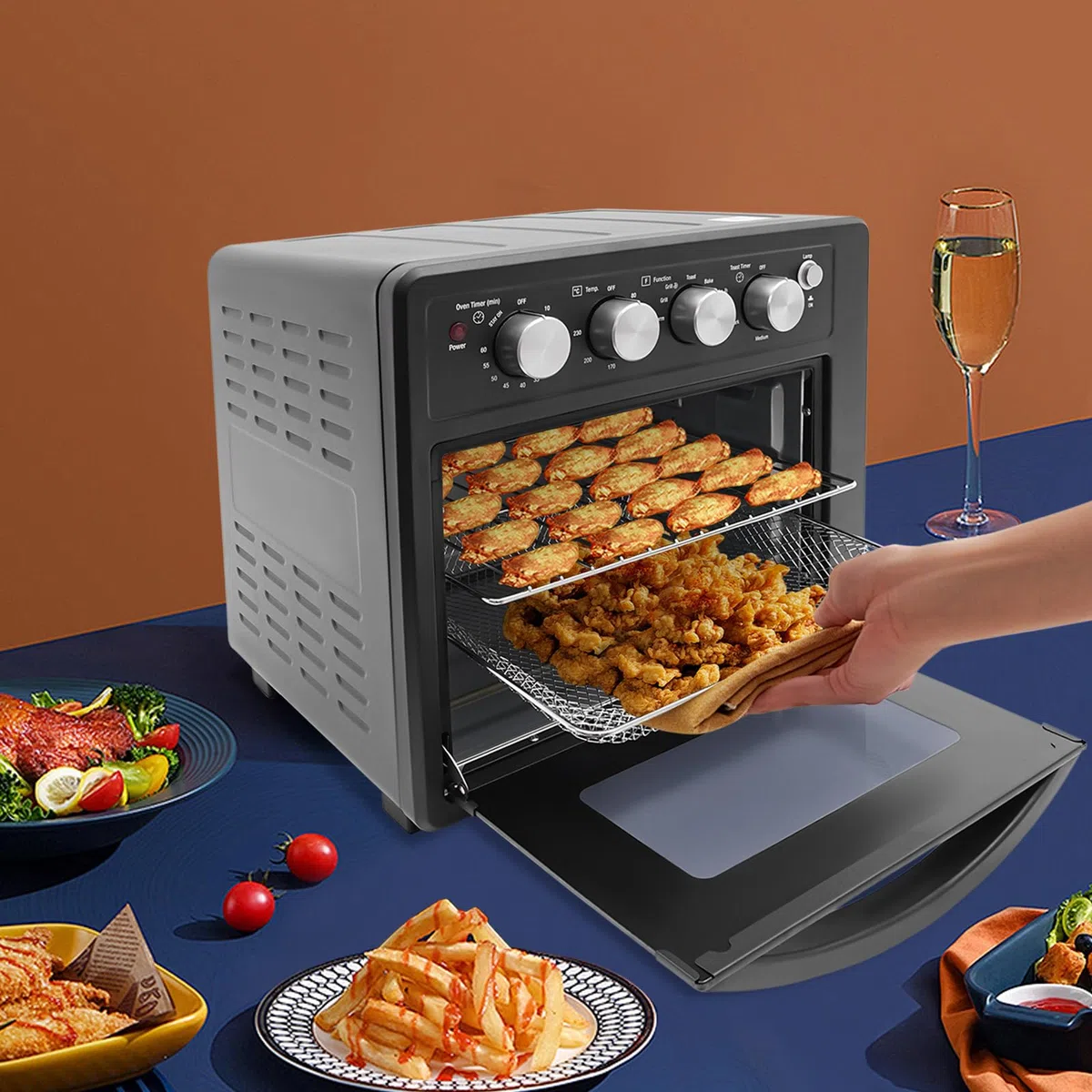 Forno elettrico da 25 l, con grande capacità, forno elettrico, friggitrice e tostapane, forno multifunzione, per famiglie, panetterie, ristoranti, snack bar, 42 x 36 x 40 cm, nero