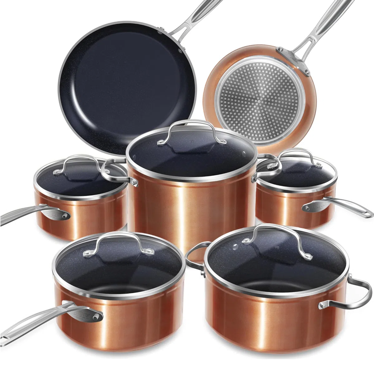 Nuwave Induzione Pronto Pentole Set 12 Pezzi in Ceramica G10 Duralon Blue in Rame Rustico, Coperchi in Vetro, Rivestimento Antiaderente, Adatto per Forno e Induzione, senza PFAS