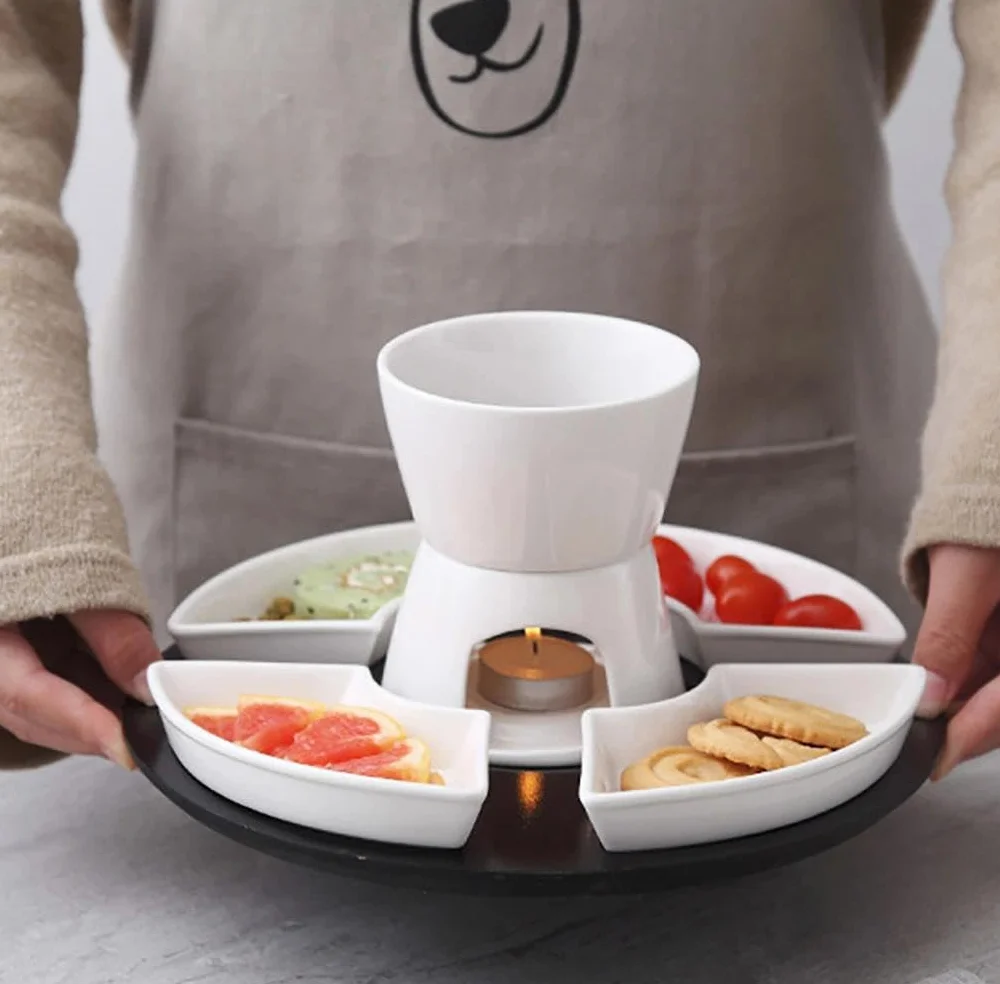 Set di Fonduta di Cioccolato in Ceramica 300 ml, 4 Piatti e 4 Forchette, Bianco
