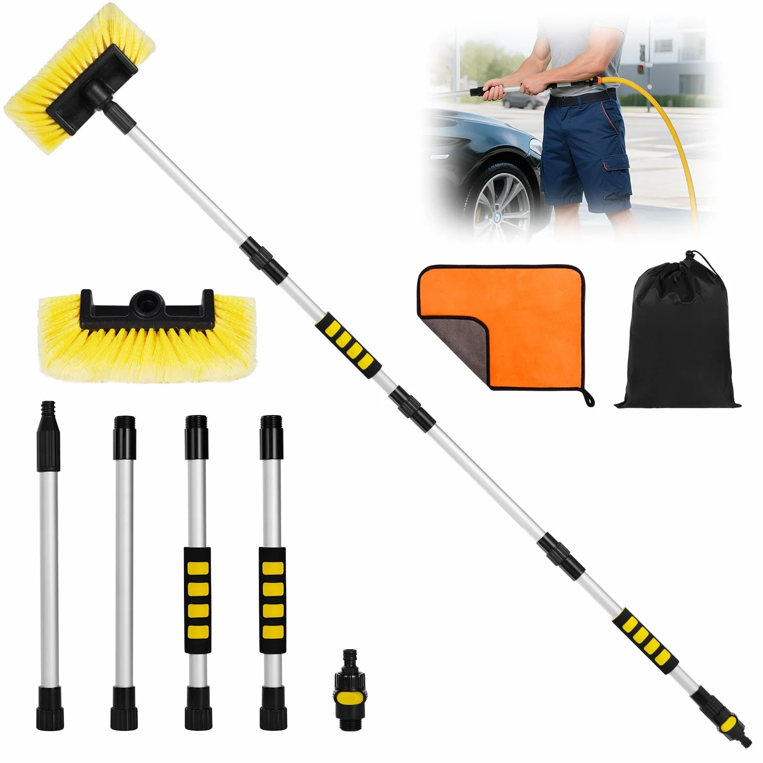 Spazzola per lavaggio auto a quattro sezioni da 165 cm, manico lungo, setole morbide, giallo