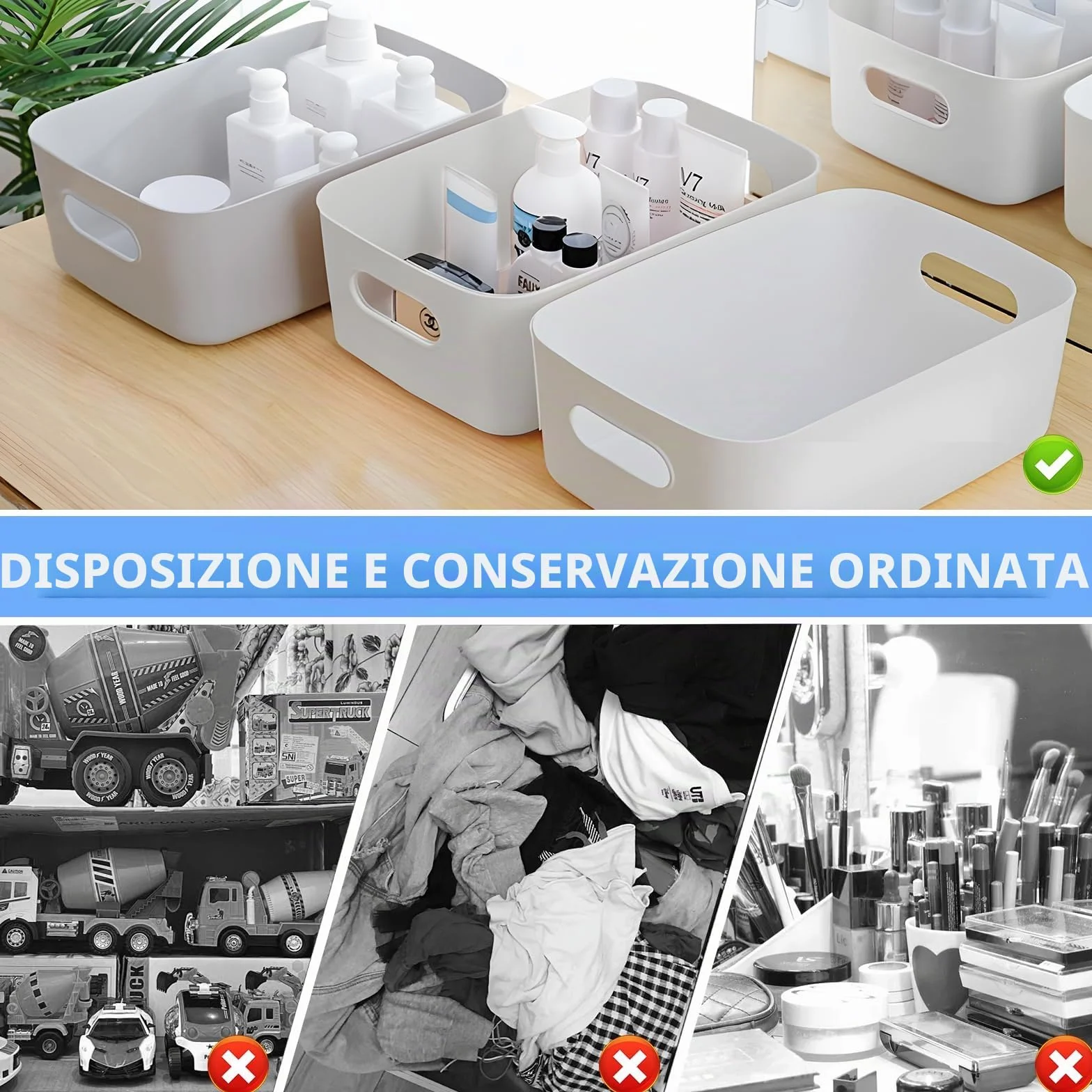 Cestini Portaoggetti Plastica con Manici 12 Pezzi per Bagno Cucina Armadio Grigio