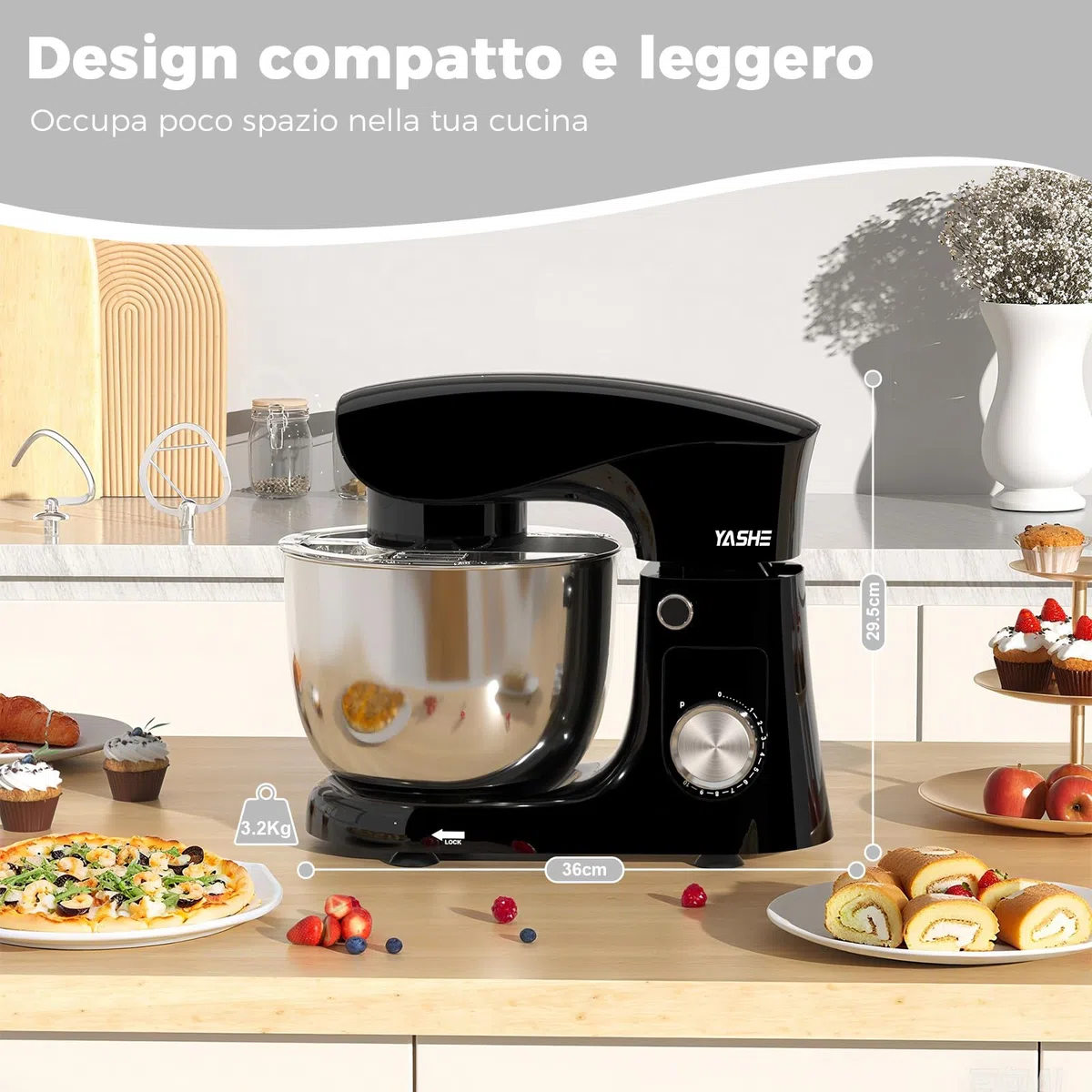 YASHE Impastatrice Planetaria 1500W, 2 Ciotole in Acciaio Inox 4,5L + 5,5L, 10+P Velocità, Testa Inclinabile, con Gancio Impastatore, Frusta e Sbattitore, Nero
