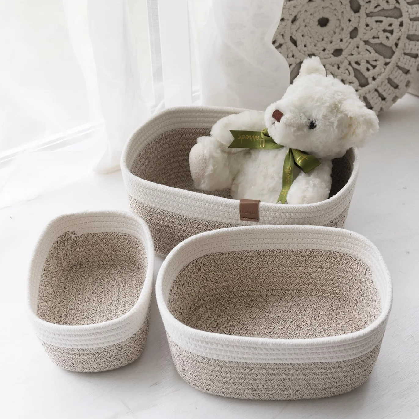 La Jolíe Muse Cesto in Corda di Cotone Cestini Portaoggetti con Manici Set di 3 Bianco Marrone