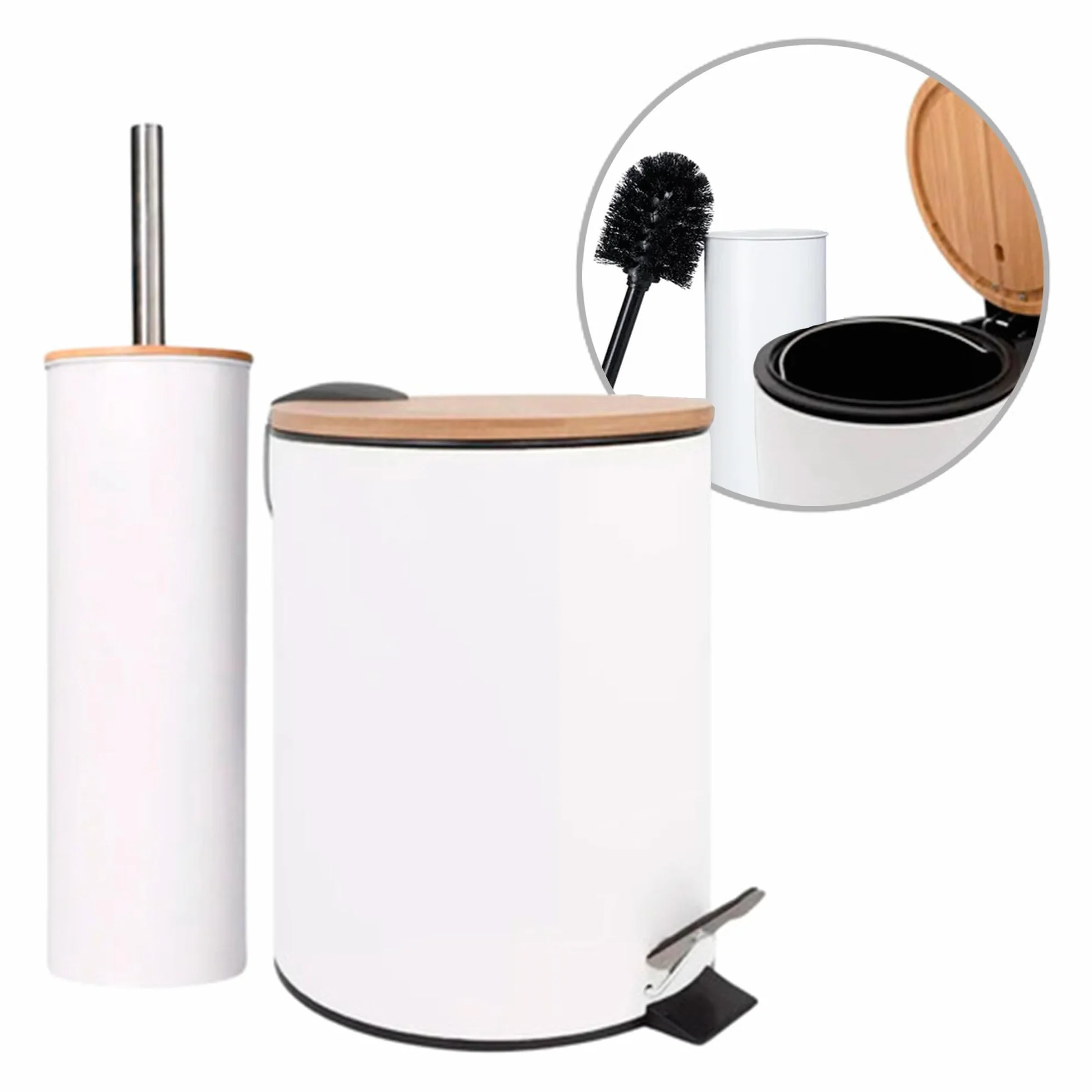 Amig Naturline Set Pattumiera e Portascopino Ø168x230 mm Acciaio Bambù Bianco