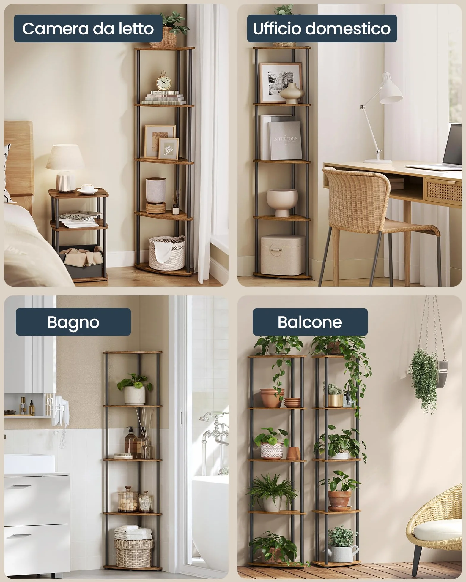 SONGMICS HOME Montaggio Super Veloce Senza Attrezzi, Scaffale Angolare a 5 Ripiani, 38,3 x 27 x 139 cm, Marrone Vintage
