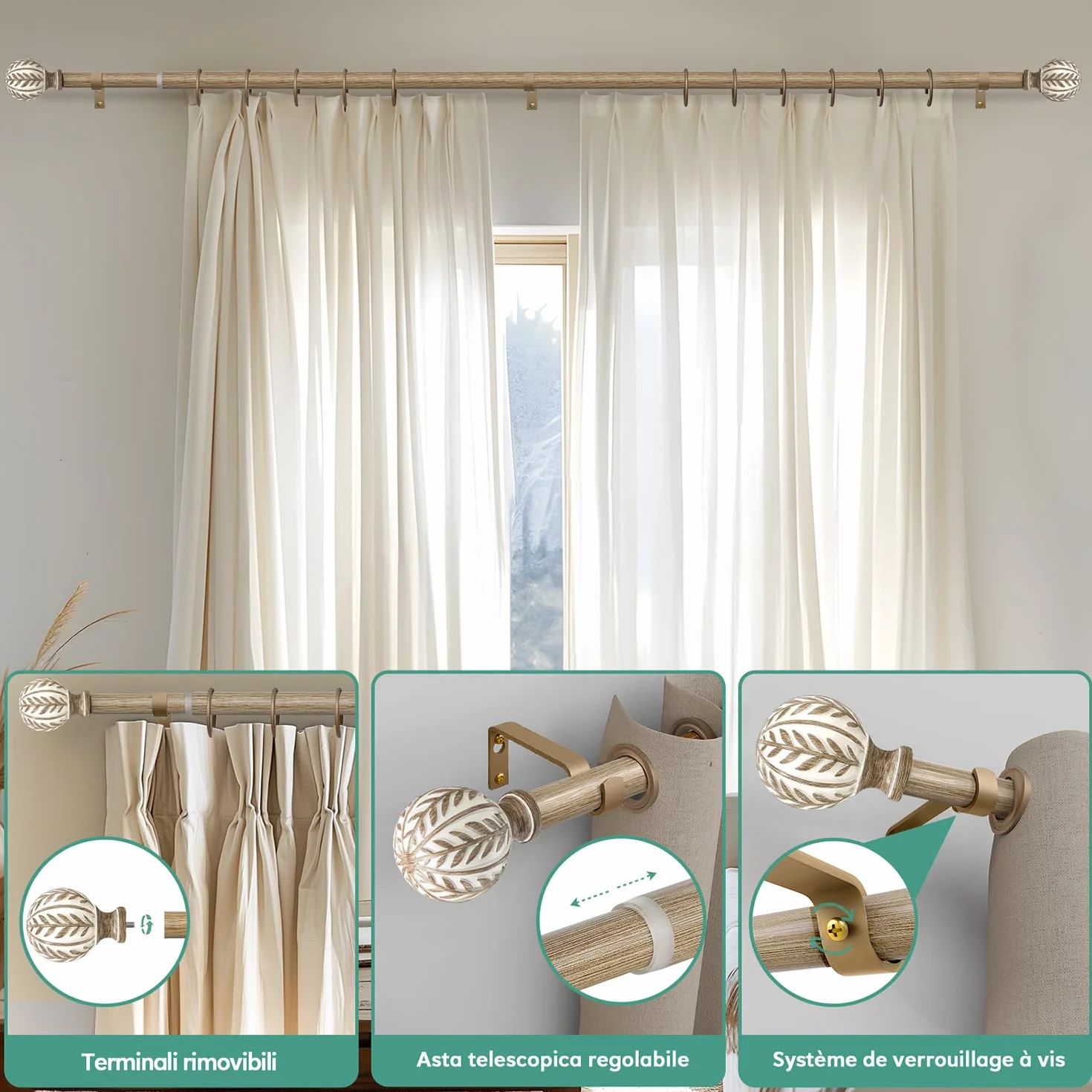 Bastone Tenda Effetto Legno Chiaro Asta Metallica Estensibile 80-218 cm Diametro 25 mm Alta Portanza Parete