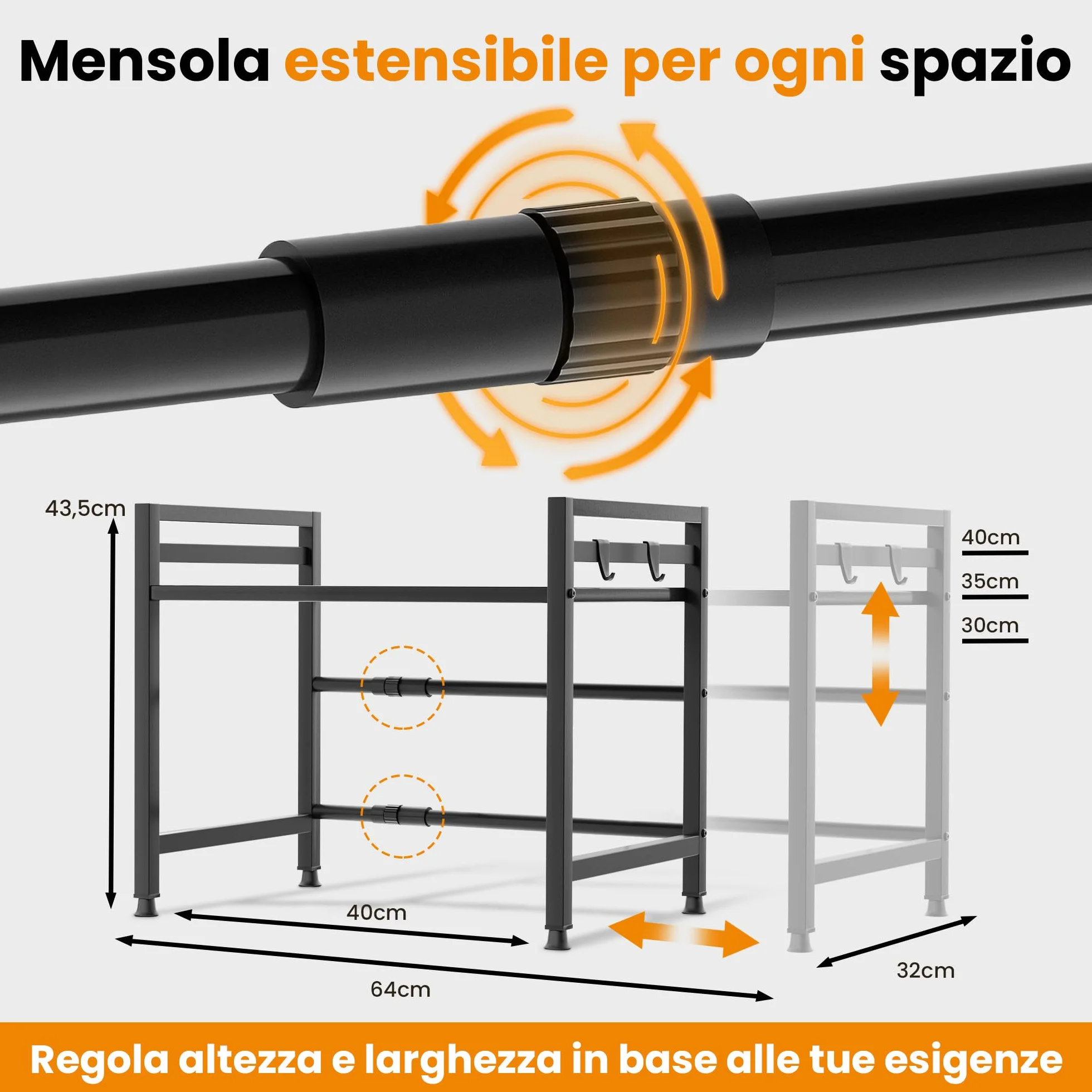 Heldenwunder Mensola Mobile Cucina Salvaspazio Acciaio 2 Ripiani Organizer Forno Mobiletto Supporto Microonde Regolabile Nero