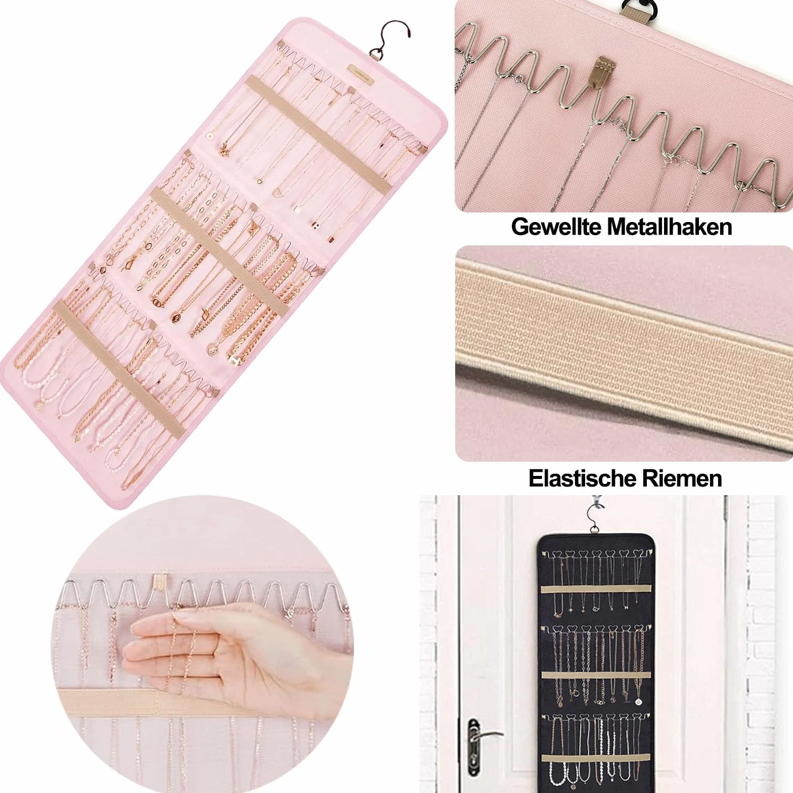 Hanging Jewelry Organizer per Armadio con 39 Scomparti e 3 Ganci Rosa