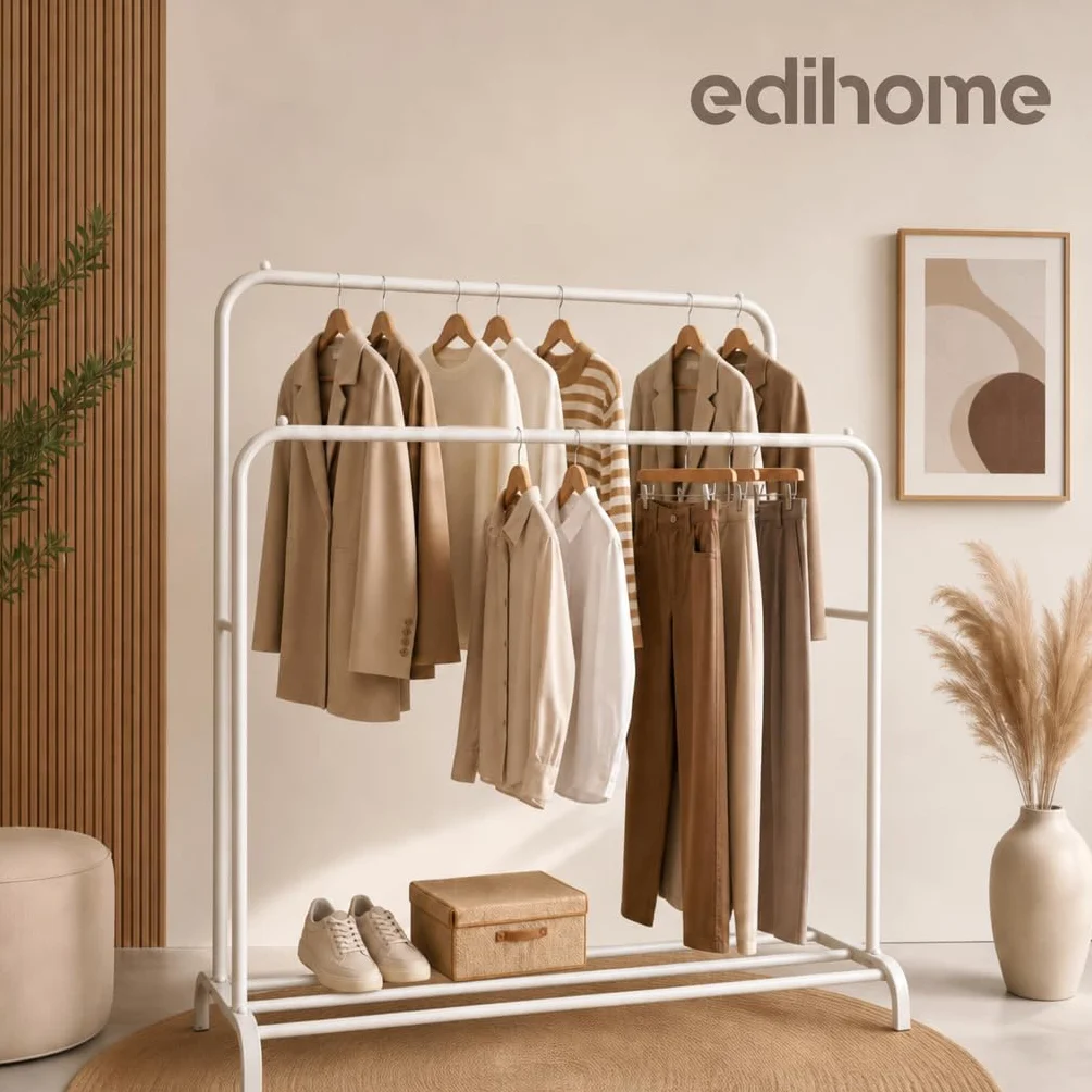 edihome Doppio Appendiabiti da Terra 110 x 150 x 54 cm Metallico con Supporto per Scarpe Bianco