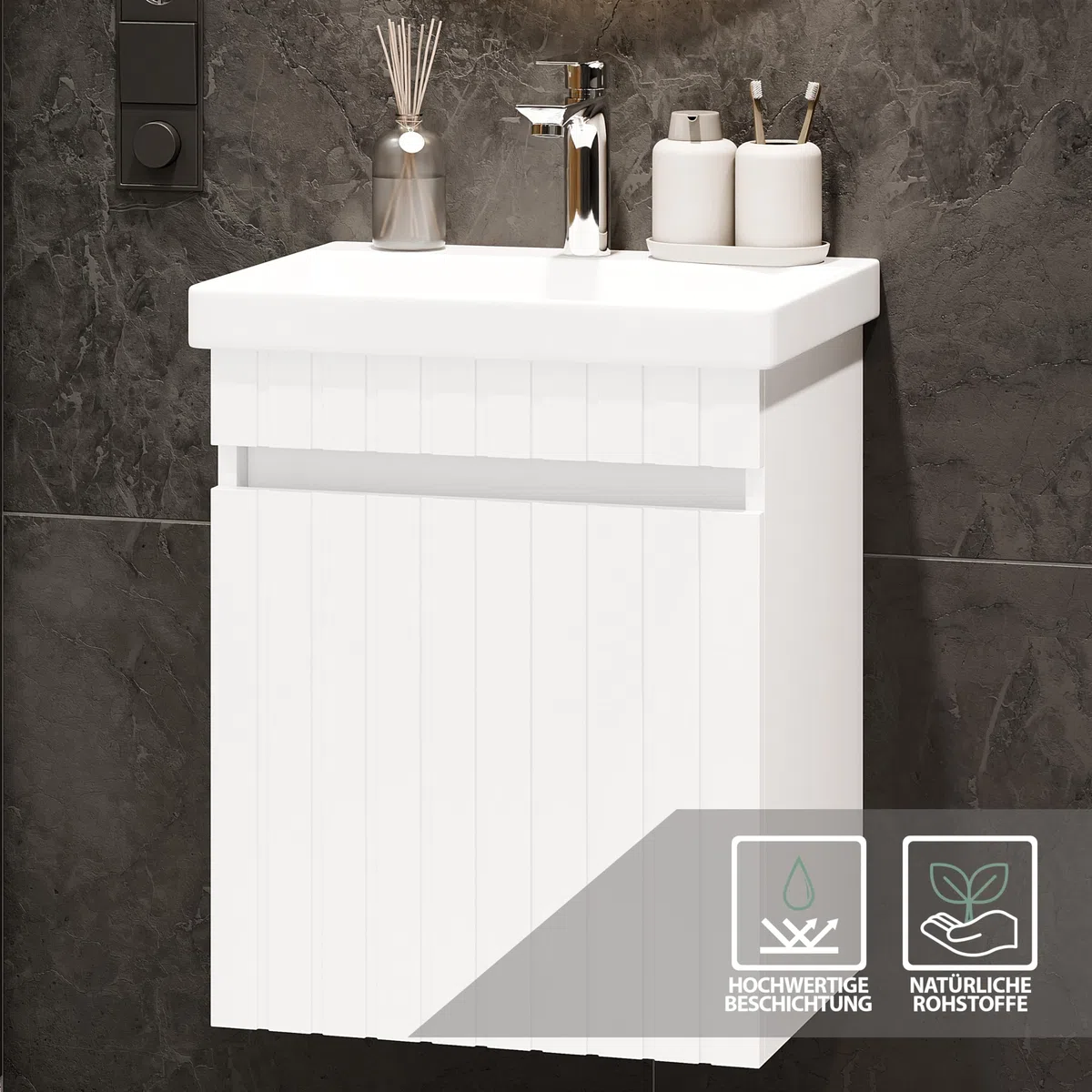 Planetmöbel Cosmia - Set di mobili da bagno, composto da lavandino con mobiletto da 50 x 60 x 35 cm, colore: bianco, lavabo in ceramica con cassetto