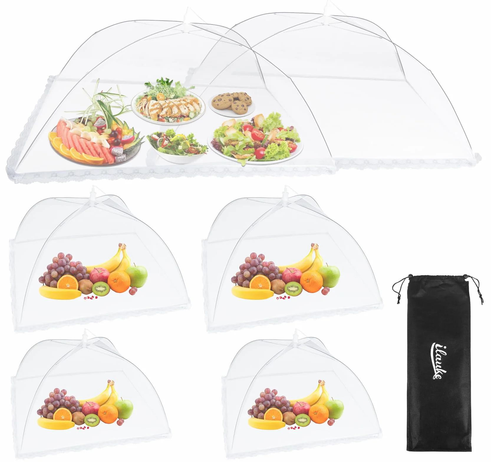 ilauke Confezione da 6 coperture per alimenti a rete, 3 dimensioni, pieghevoli, per picnic, campeggio, barbecue, riutilizzabili, con custodia