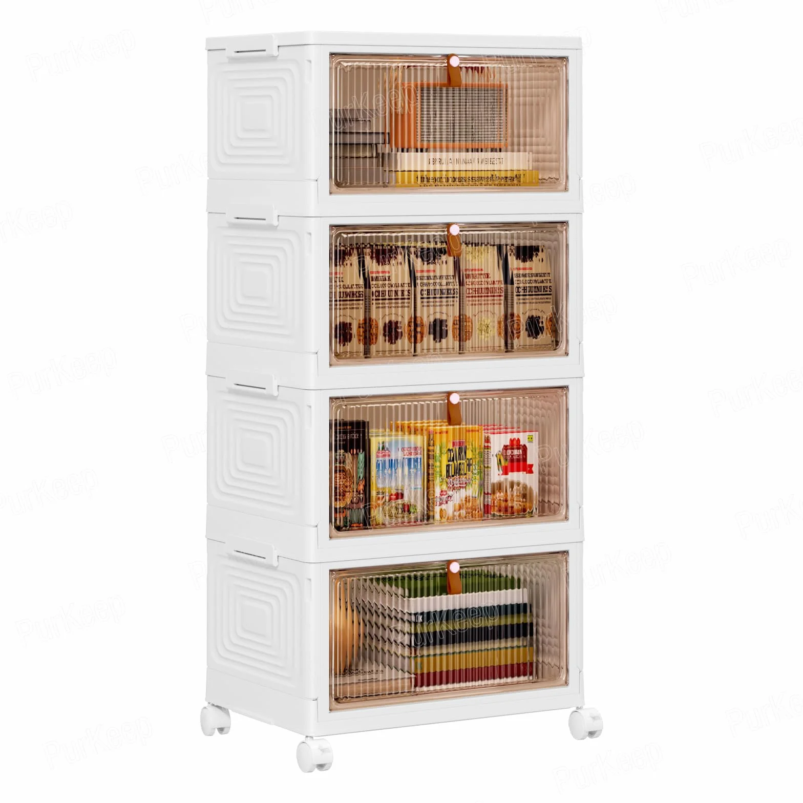 PurKeep Scatole portaoggetti con coperchio 23 L 4 ripiani plastica impilabili ruote bianco