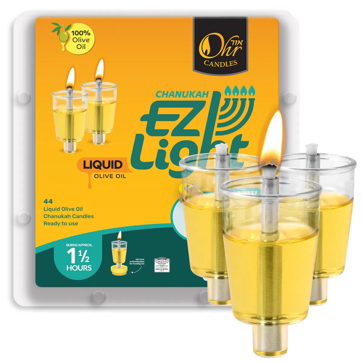 Hanukkah EZ Lights - Candele pre-riempite con tazza di olio di oliva al 100% con stoppino di cotone in tazza, confezione da 44, brucia circa 1 1/2 ore
