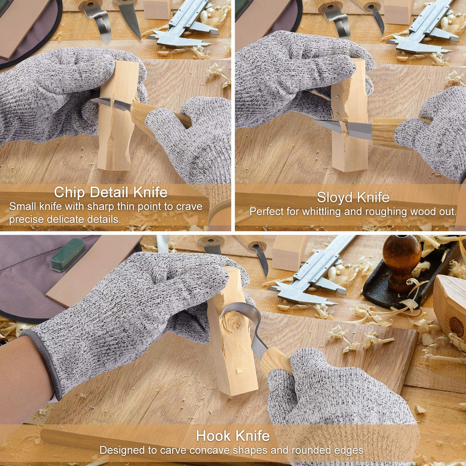 Fuyit Strumenti per Intaglio del Legno - Set 17 Pezzi con Coltello a Uncino, Frullato e Dettaglio, Guanti Resistenti e Blocchi di Legno