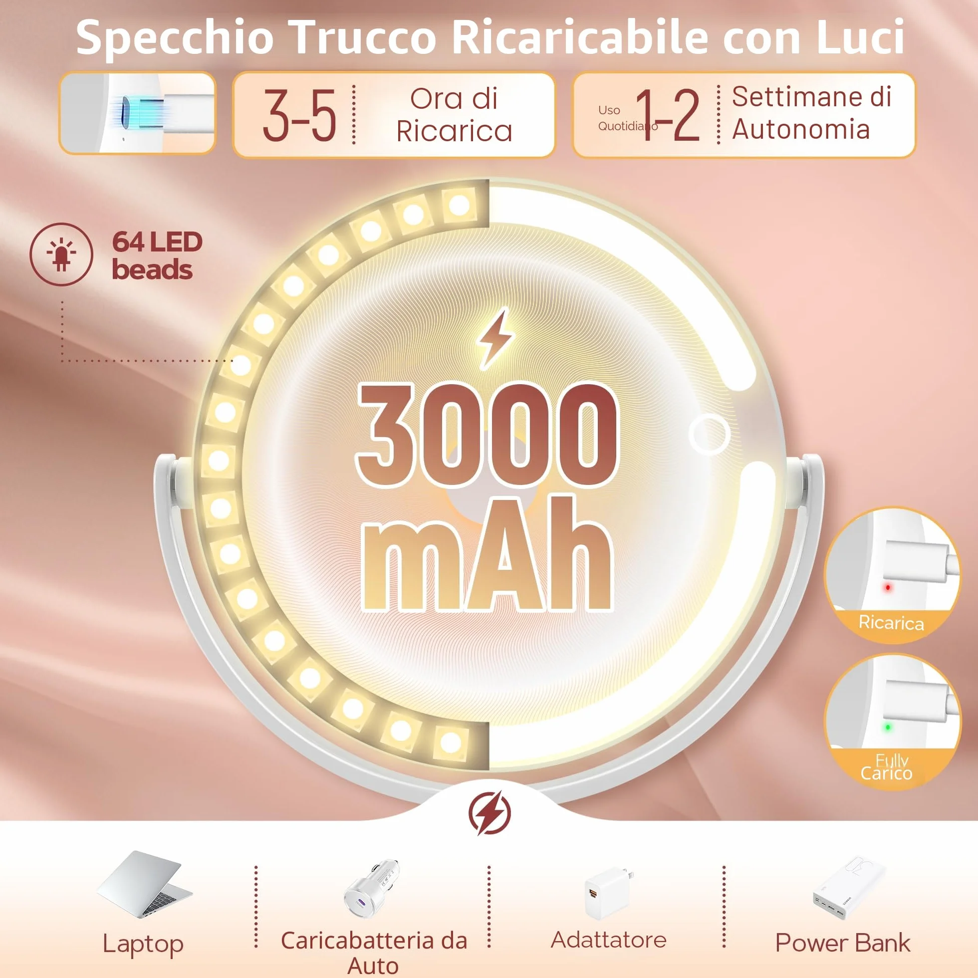 B Beauty Planet Specchio da Trucco Illuminato 30 X con 3 Luci di Colore, LED Dimmerabile e Regolabile in Altezza – Specchio Cosmetico 2 Lati per Bagno – Regalo per Donne Bianco