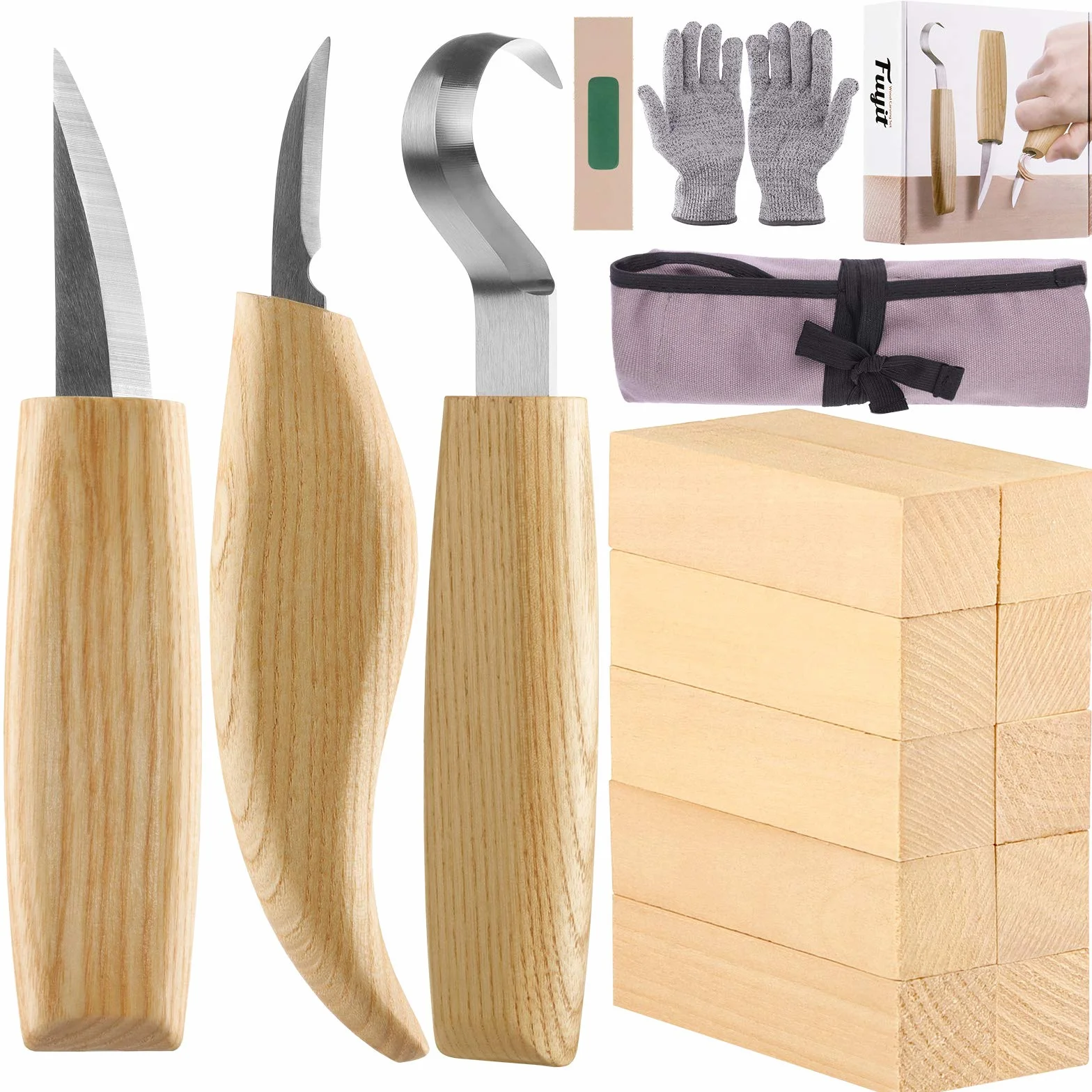 Fuyit Strumenti per Intaglio del Legno - Set 17 Pezzi con Coltello a Uncino, Frullato e Dettaglio, Guanti Resistenti e Blocchi di Legno