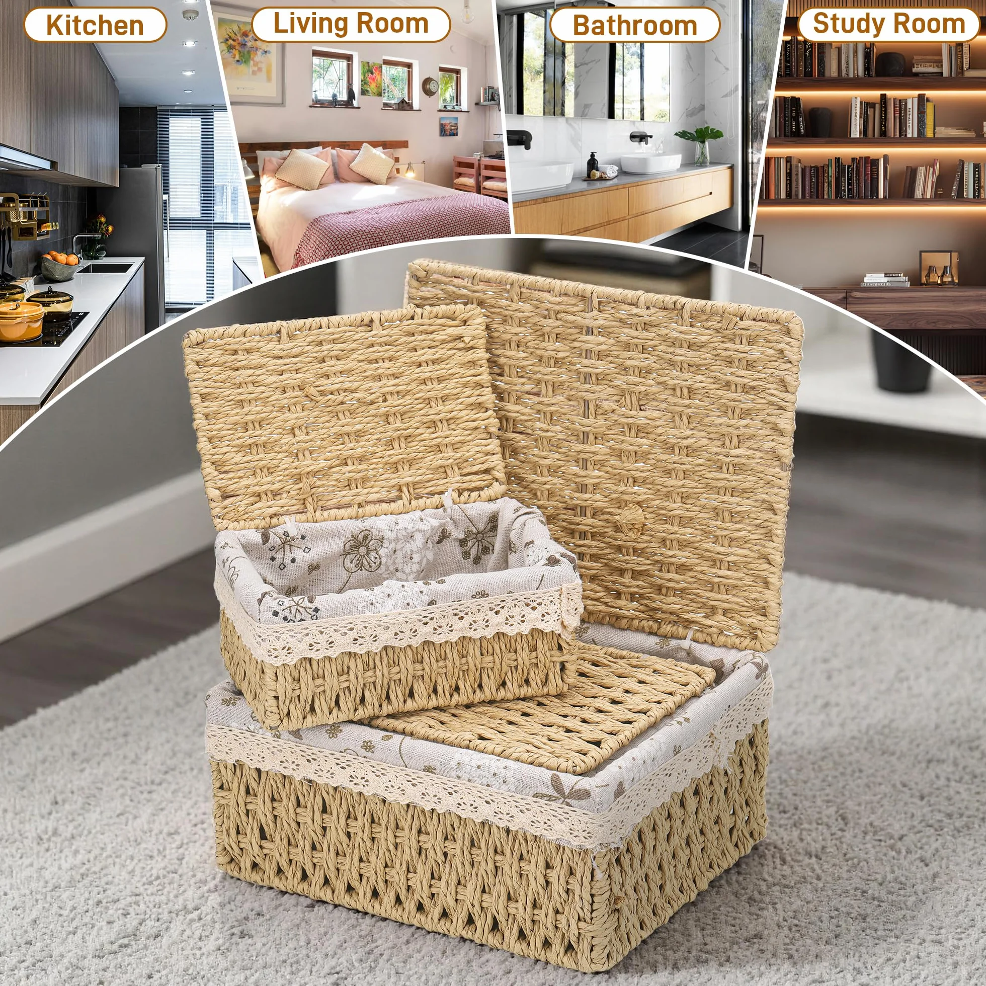 Starvortex Set di 3 Cestini Portaoggetti con Coperchio, Vimini Intrecciato a Mano, Lavabili, per Cucina e Bagno
