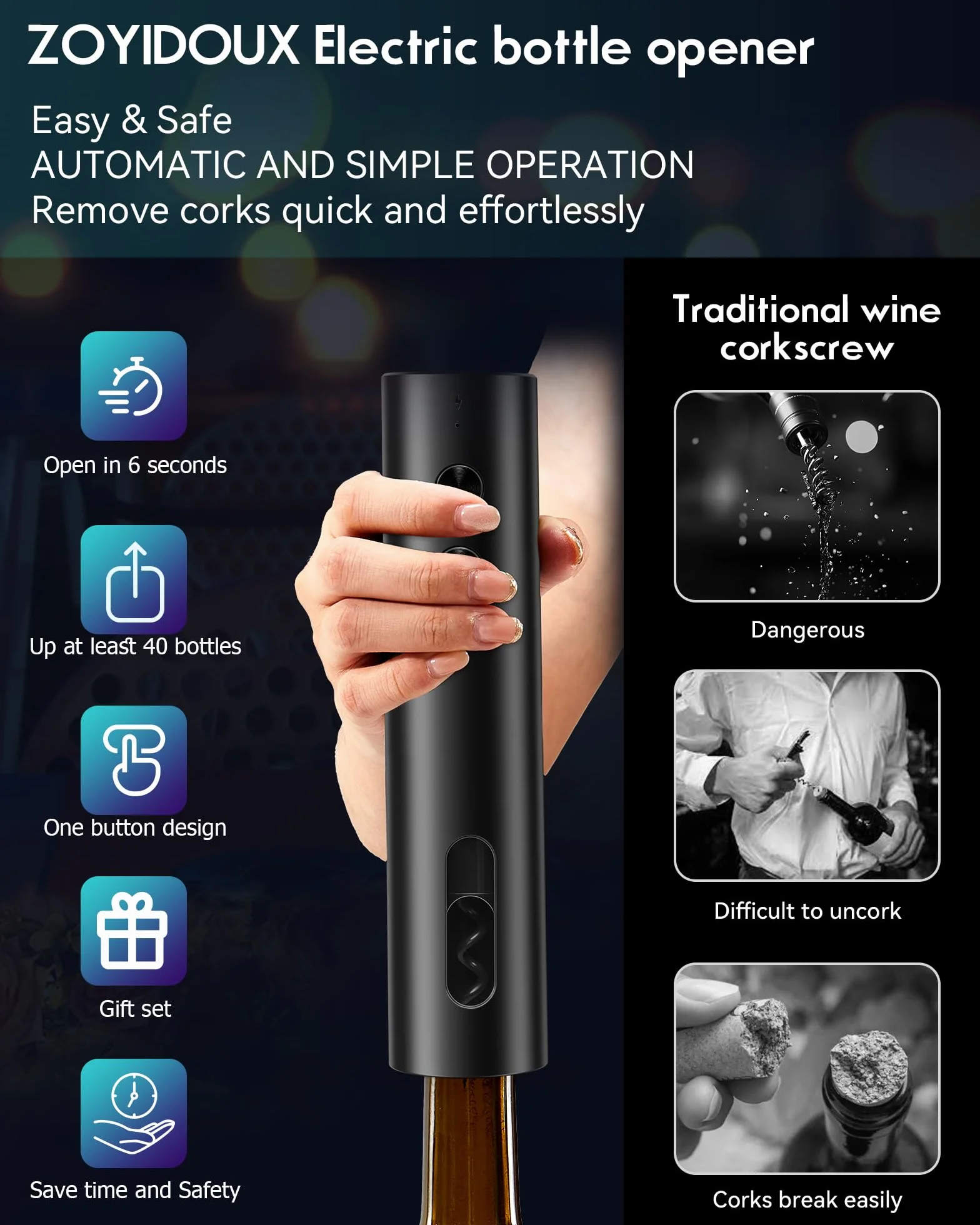ZOYIDOUX Apribottiglie elettrico ricaricabile USB-C Cavatappi nero opaco portatile