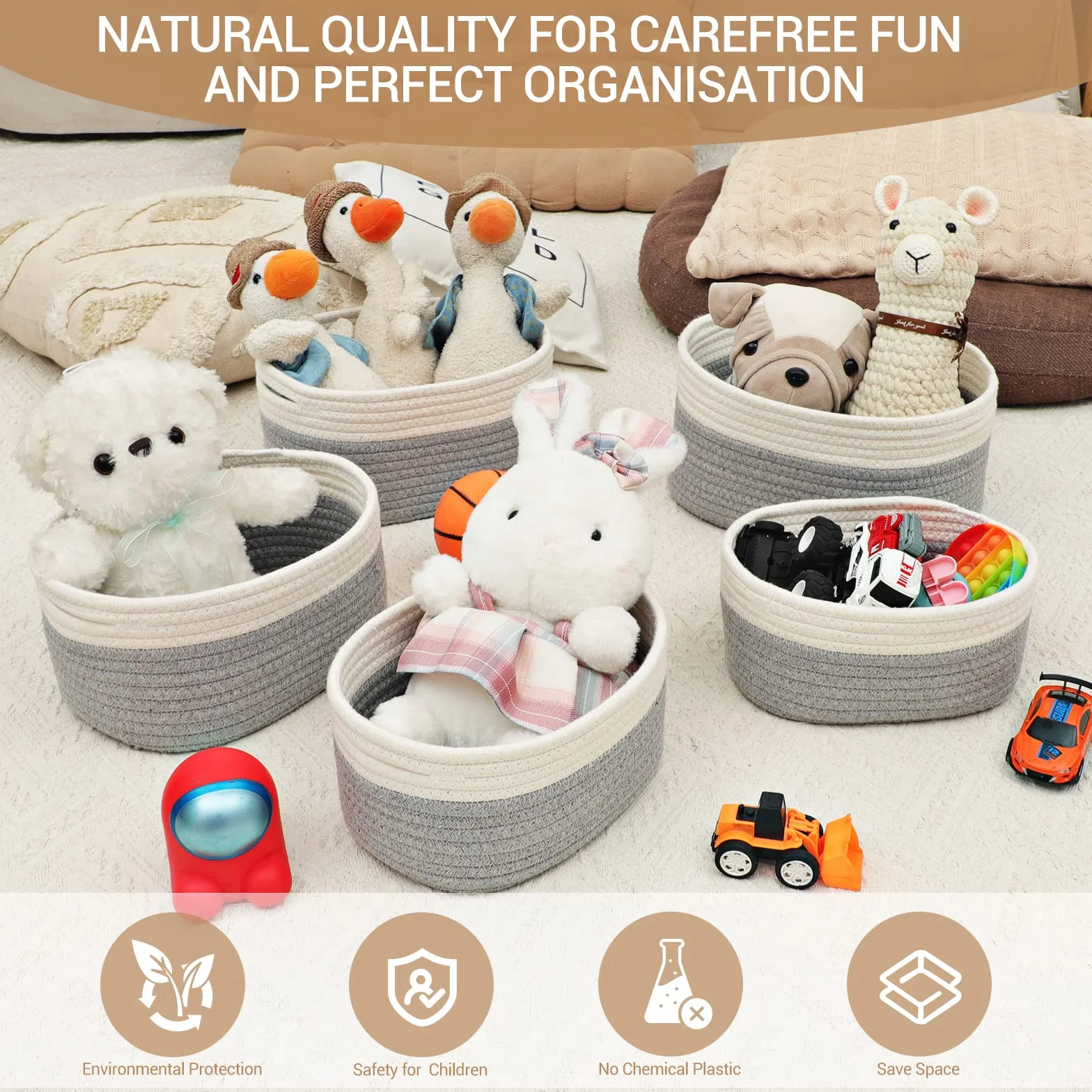 Lannvan Set di 5 Cestini Portaoggetti Intrecciato in Corda di Cotone per Bambini Impilabile Organizer Bagno