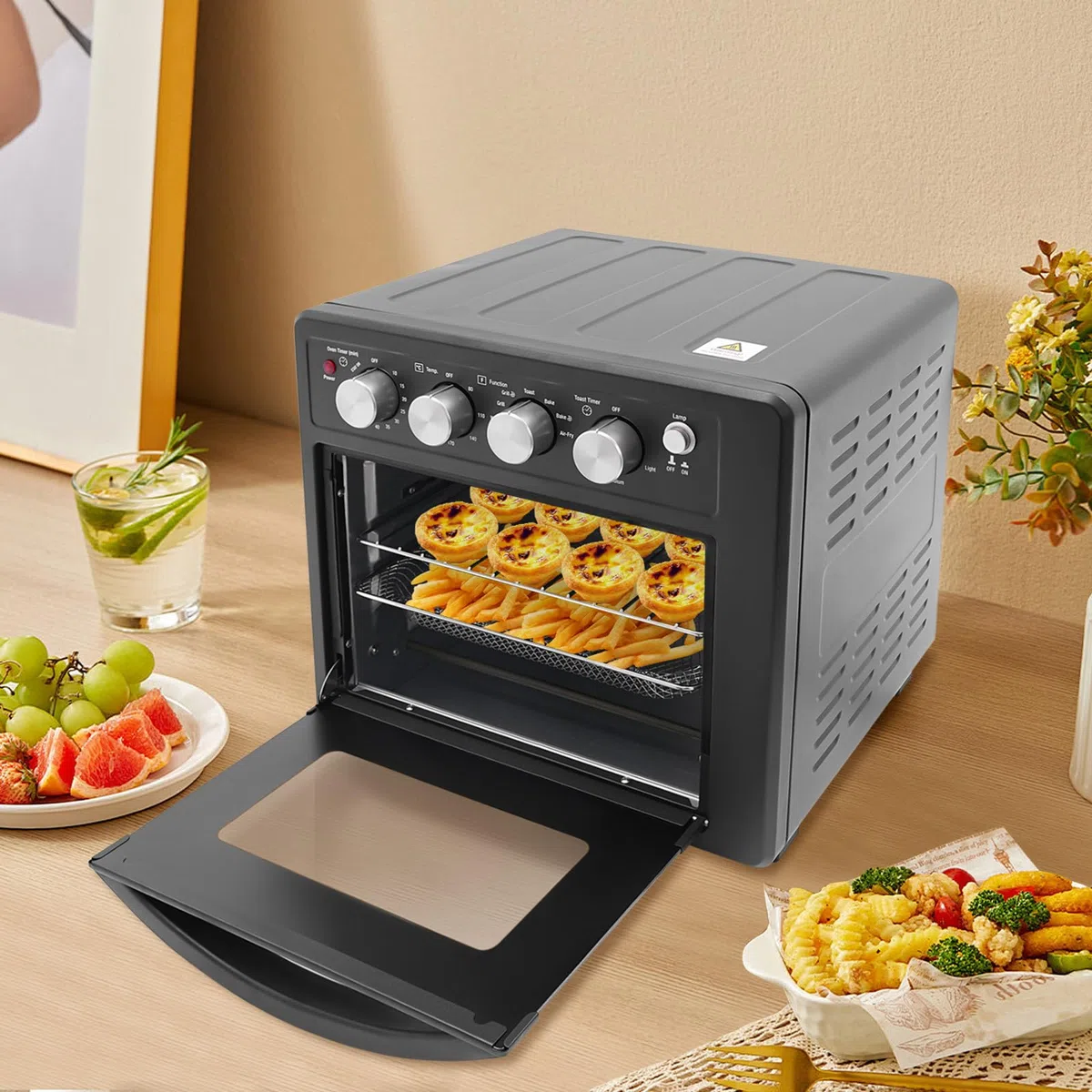 Forno elettrico da 25 l, con grande capacità, forno elettrico, friggitrice e tostapane, forno multifunzione, per famiglie, panetterie, ristoranti, snack bar, 42 x 36 x 40 cm, nero