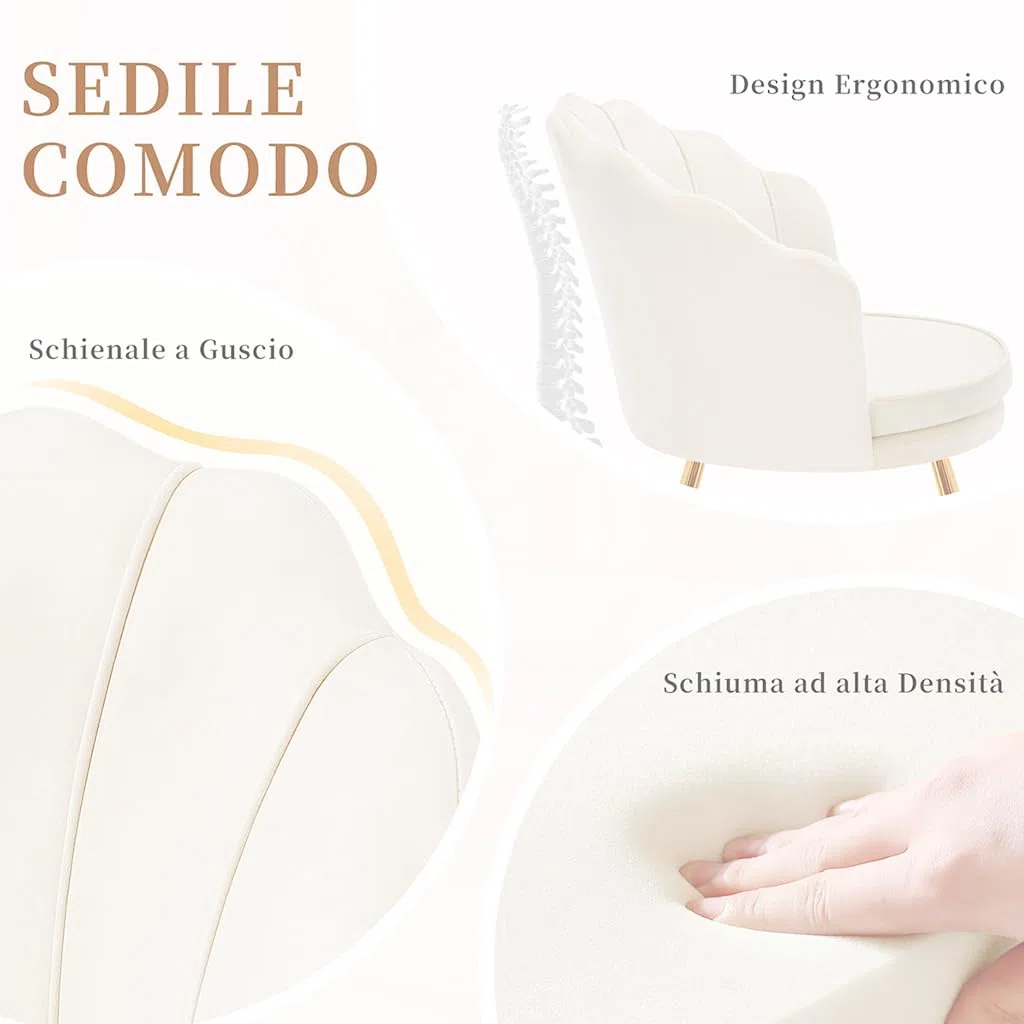 Hellove Sedia Trucco, Poltrona Conchiglia in Velluto con Placcato Oro Metallo Gambe, Moderno Poltrona Salotto con Seduta Morbida Imbottita per Camera da letto/Soggiorno/Vanità, Beige