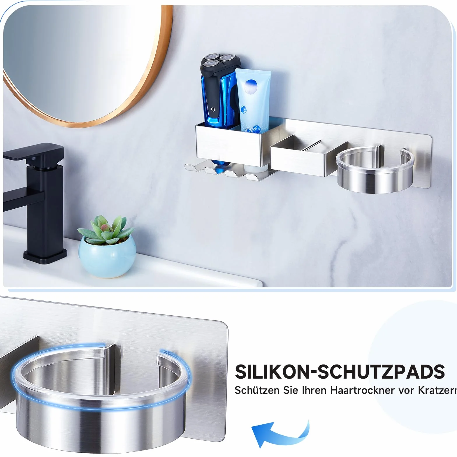 YYBO Porta Phon e Piastra Adesivo, Porta Phone Bagno da Muro, Porta Asciugacapelli Senza Foratura, Porta Piastra per Capelli, Supporto asciugacapelli per Barbiere e Hotel (Argento)